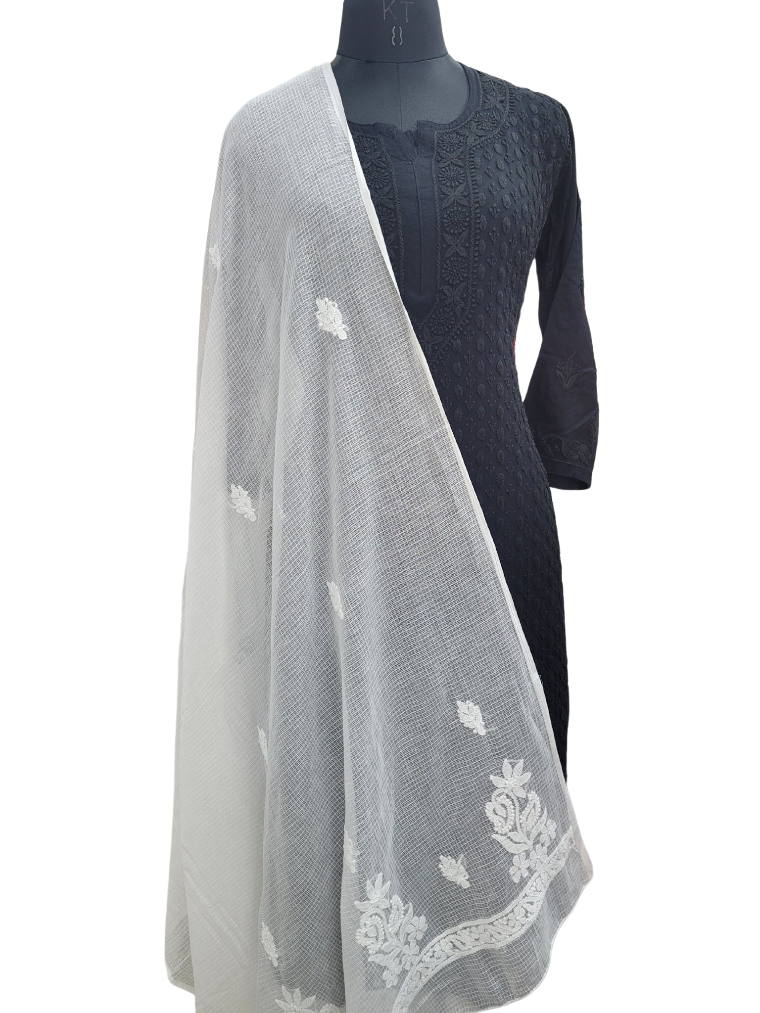 Shyamal Chikan Hand Embroidered White Kota Cotton Lucknowi Chikankari Dupatta - S25136