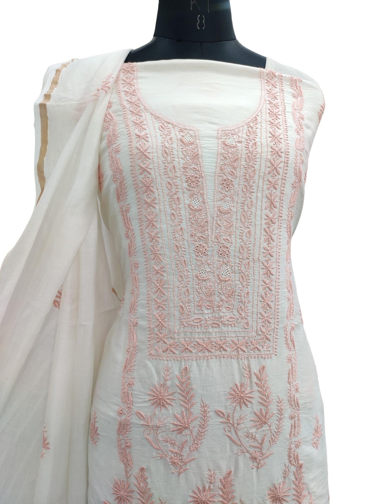 Shyamal Chikan Hand Embroidered White Pure Chanderi Silk Lucknowi Chikankari Unstitched Suit Piece ( Kurta Dupatta Set) - S21014