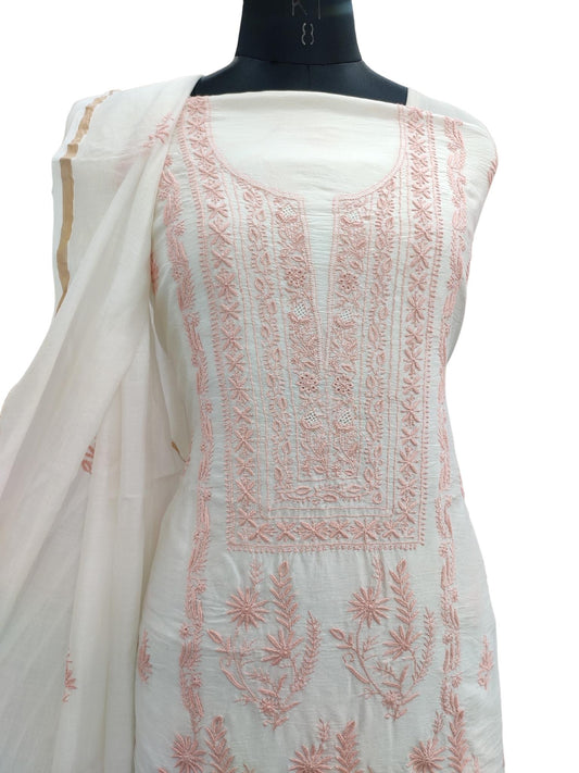 Shyamal Chikan Hand Embroidered White Pure Chanderi Silk Lucknowi Chikankari Unstitched Suit Piece ( Kurta Dupatta Set) - S21014