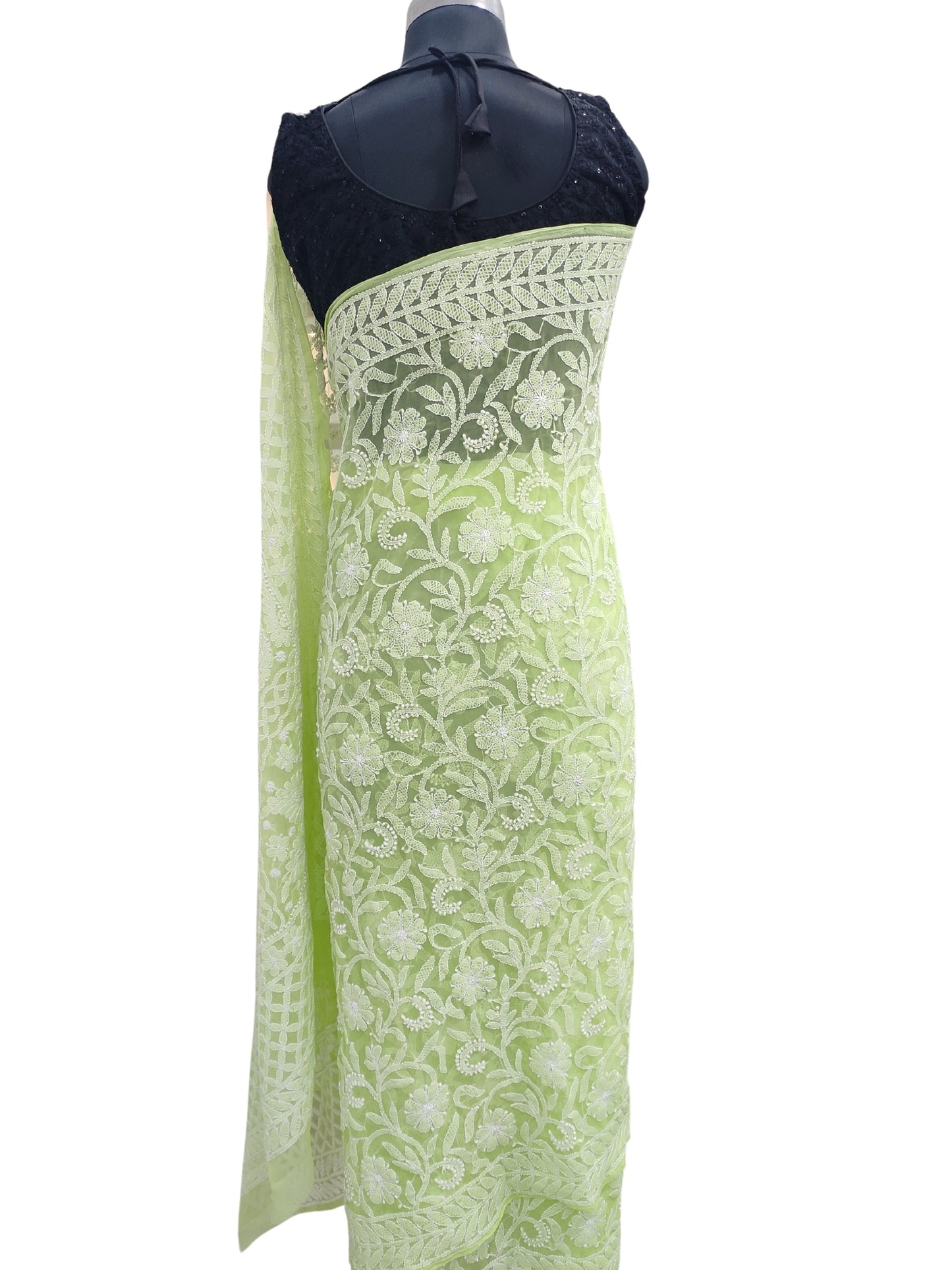 Shyamal Chikan Hand Embroidered Green Georgette Lucknowi Chikankari Full Jaal Saree With Blouse Piece - 23993