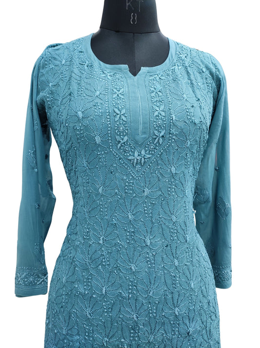 Shyamal Chikan Hand Embroidered Sea Green Viscose Georgette Lucknowi Chikankari Short Top - S25344