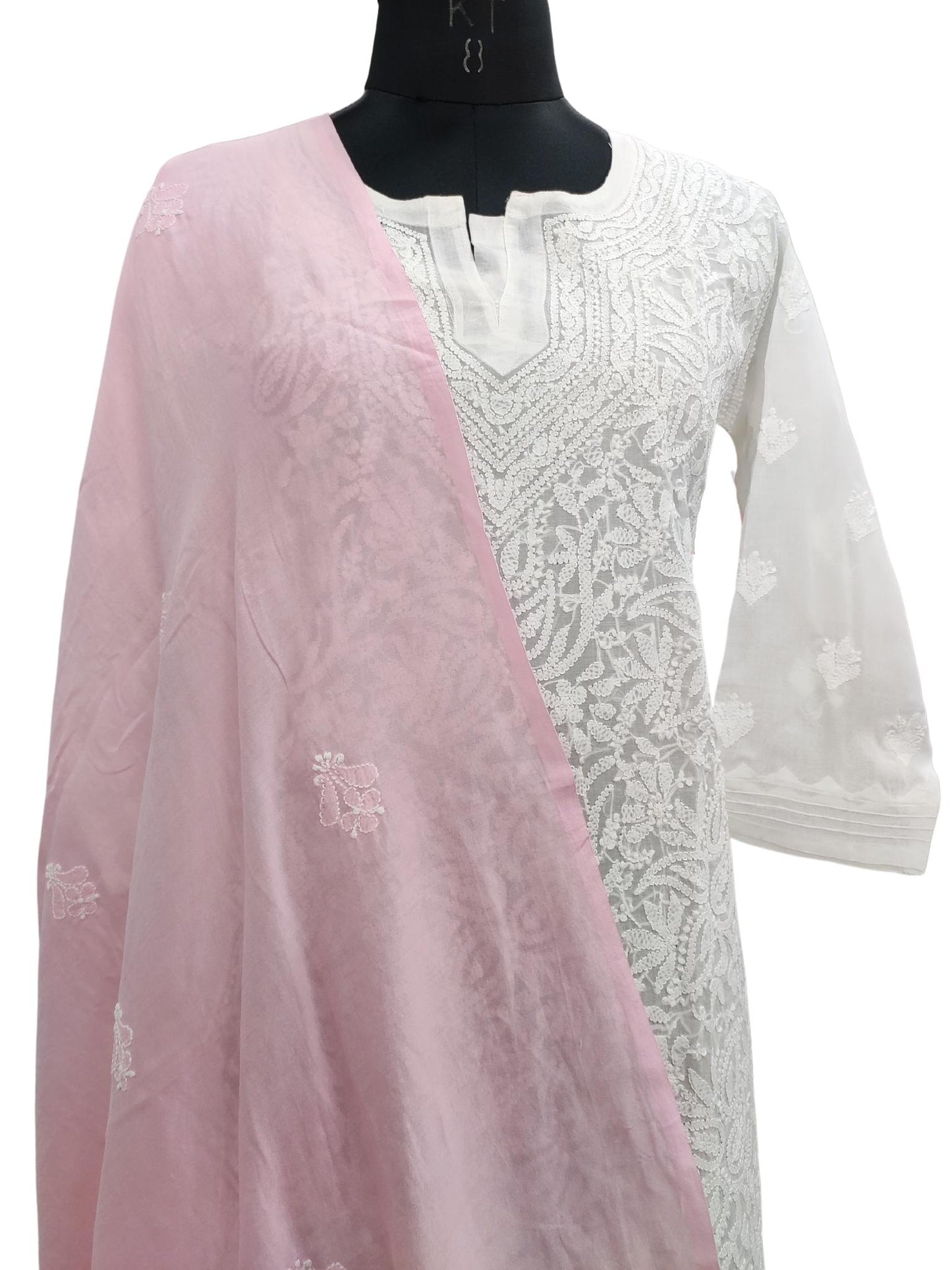 Shyamal Chikan Hand Embroidered Pink Chanderi Cotton Lucknowi Chikankari Dupatta - S20102