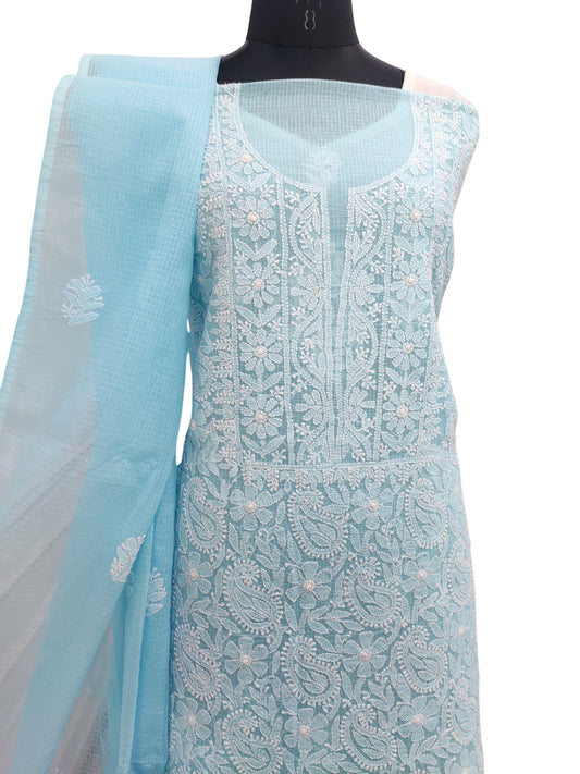 Shyamal Chikan Hand Embroidered Blue Kota Cotton Lucknowi Chikankari Unstitched Suit Piece ( Kurta Dupatta Set ) - S22980