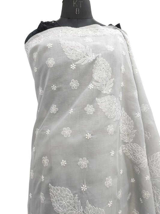 Shyamal Chikan Hand Embroidered Grey Cotton Lucknowi Chikankari Saree With Blouse Piece- S22519