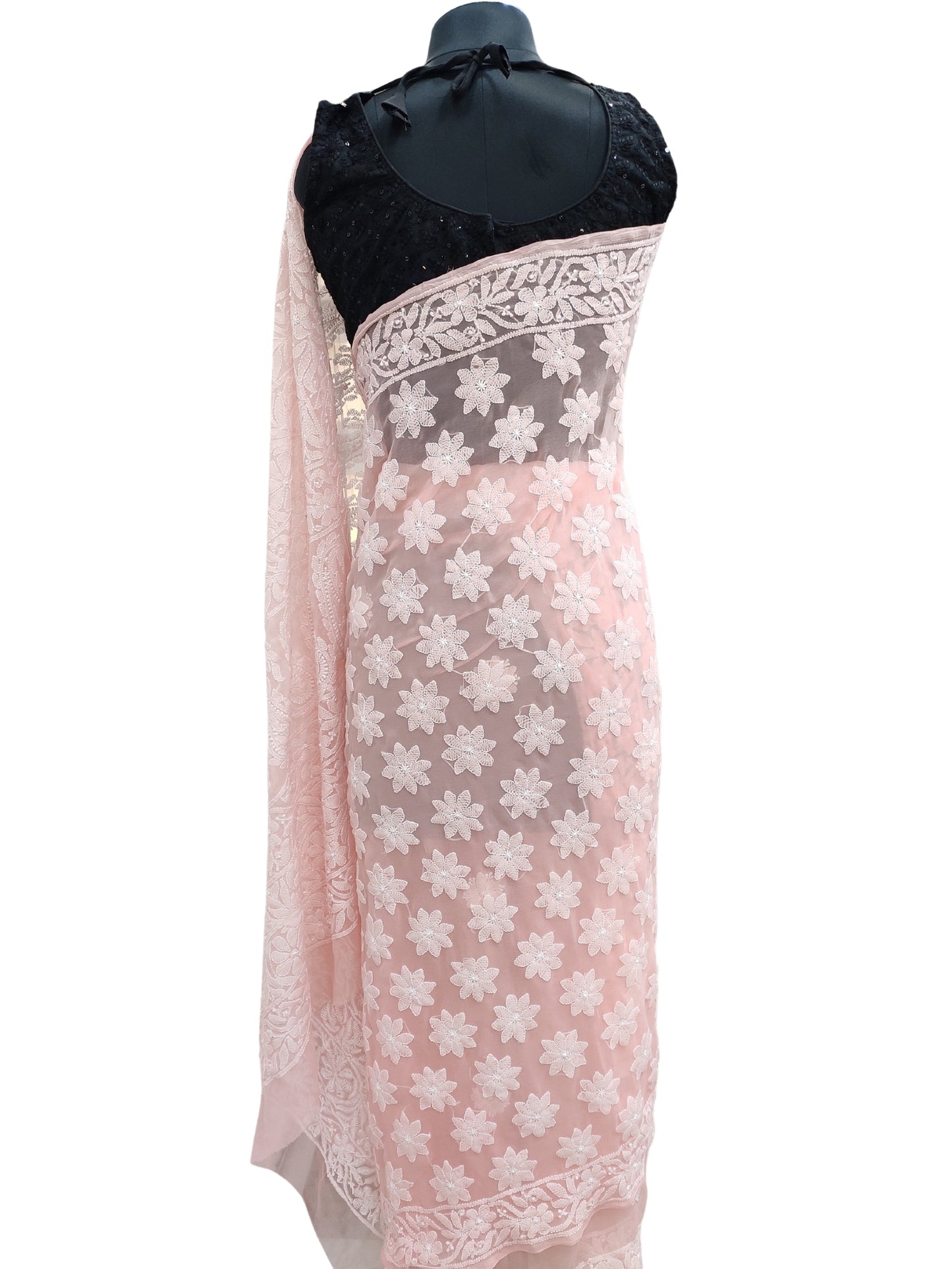 Shyamal Chikan Hand Embroidered Peach Georgette Lucknowi Chikankari Shoulder Jaal Saree With Blouse Piece - S21936