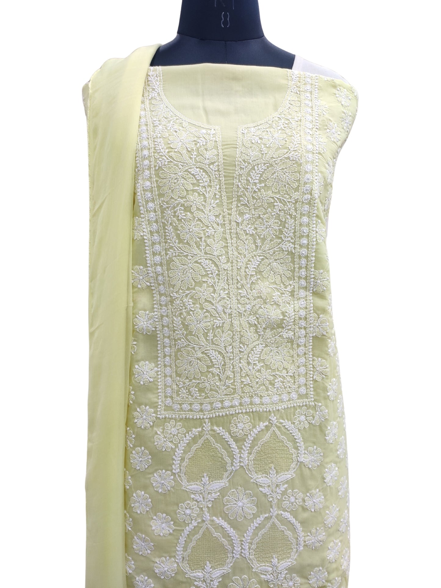 Shyamal Chikan Hand Embroidered Green Cotton Lucknowi Chikankari Unstitched Suit Piece With Jaali Work- S21856