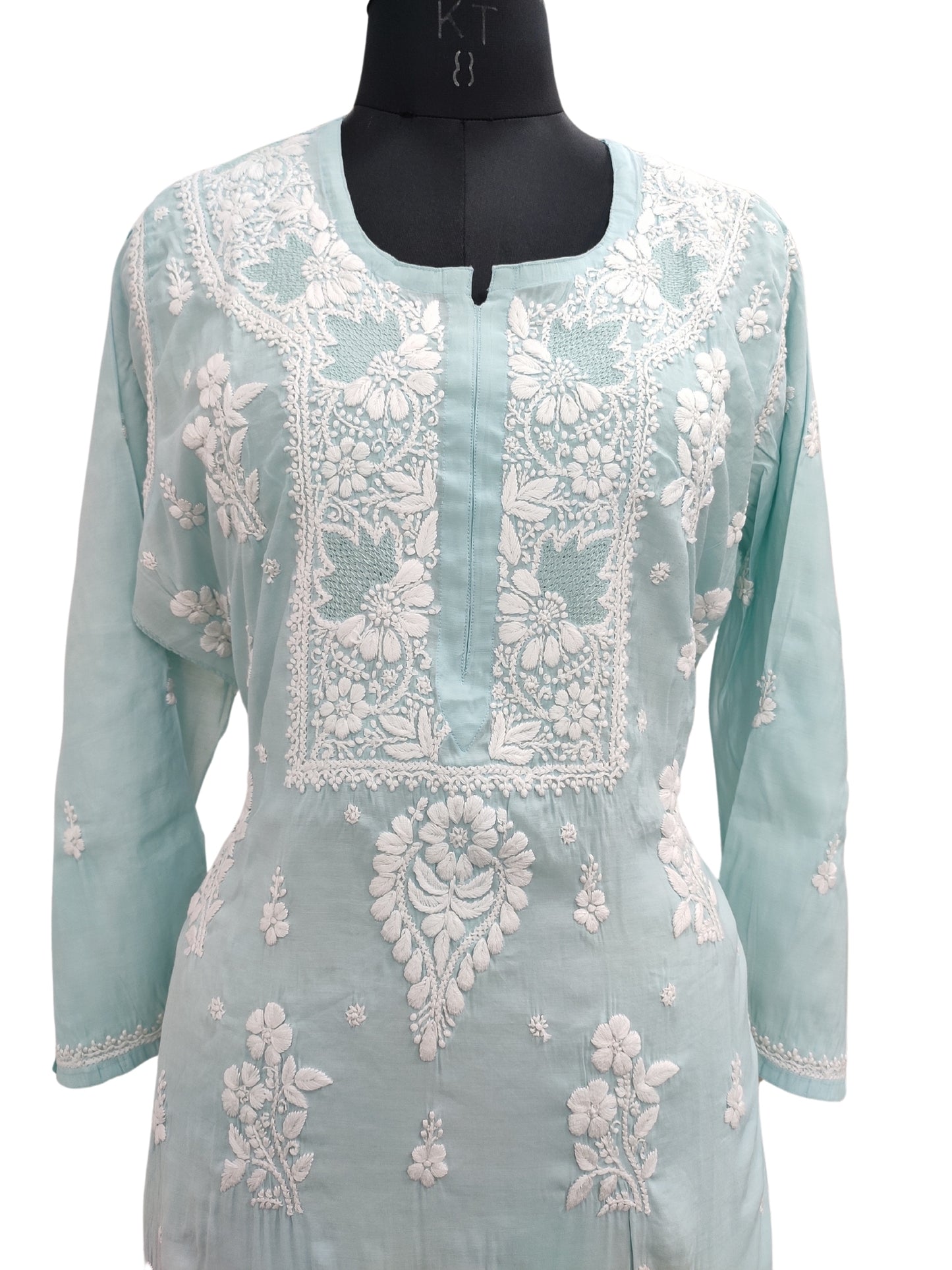 Shyamal Chikan Hand Embroidered Blue Cotton Silk Lucknowi Chikankari Semi Stitched Kurti- S23529