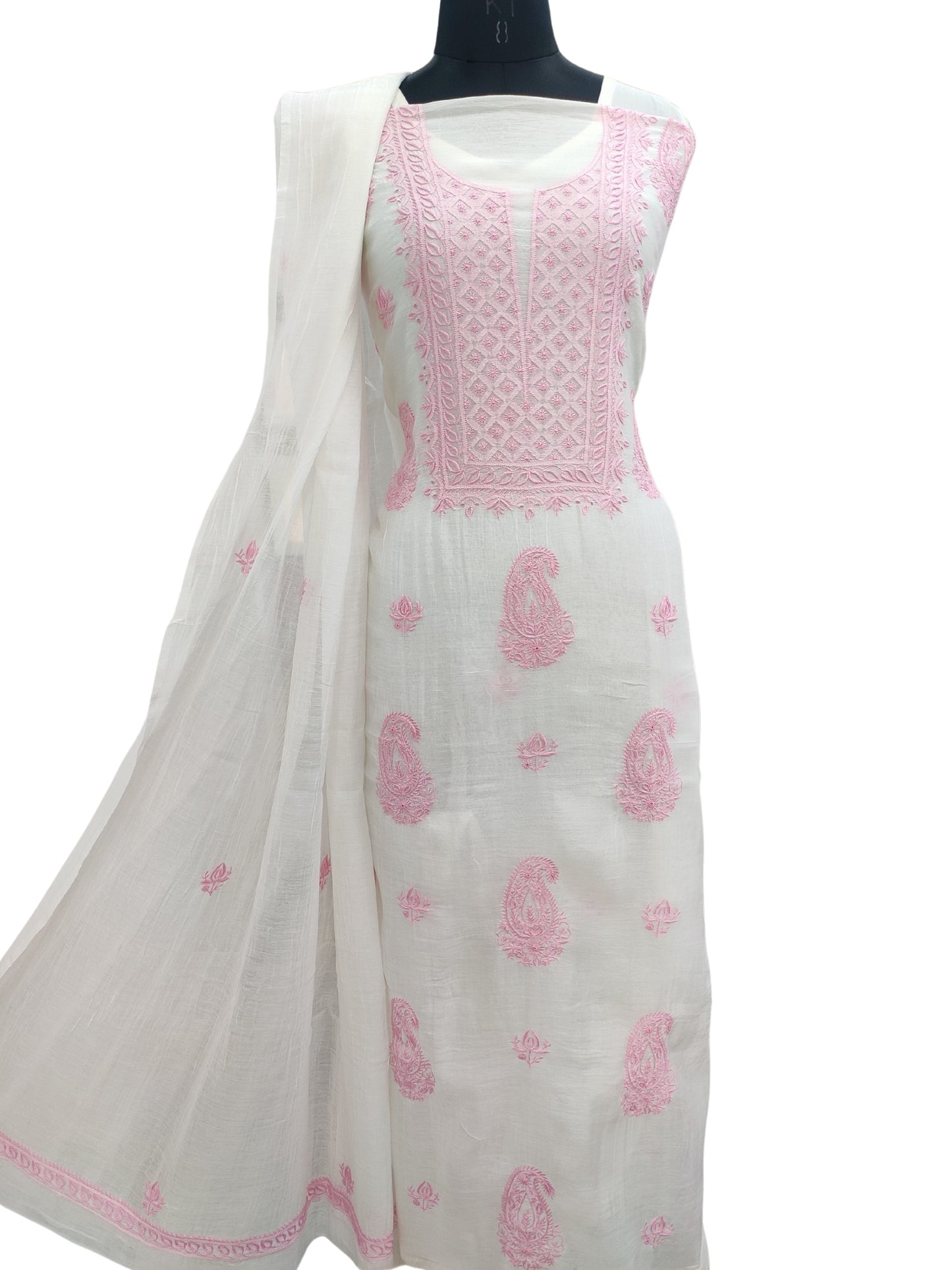 Shyamal Chikan Hand Embroidered White Mul Chanderi Lucknowi Chikankari Unstitched Suit Piece (Kurta Dupatta Set) - 23690