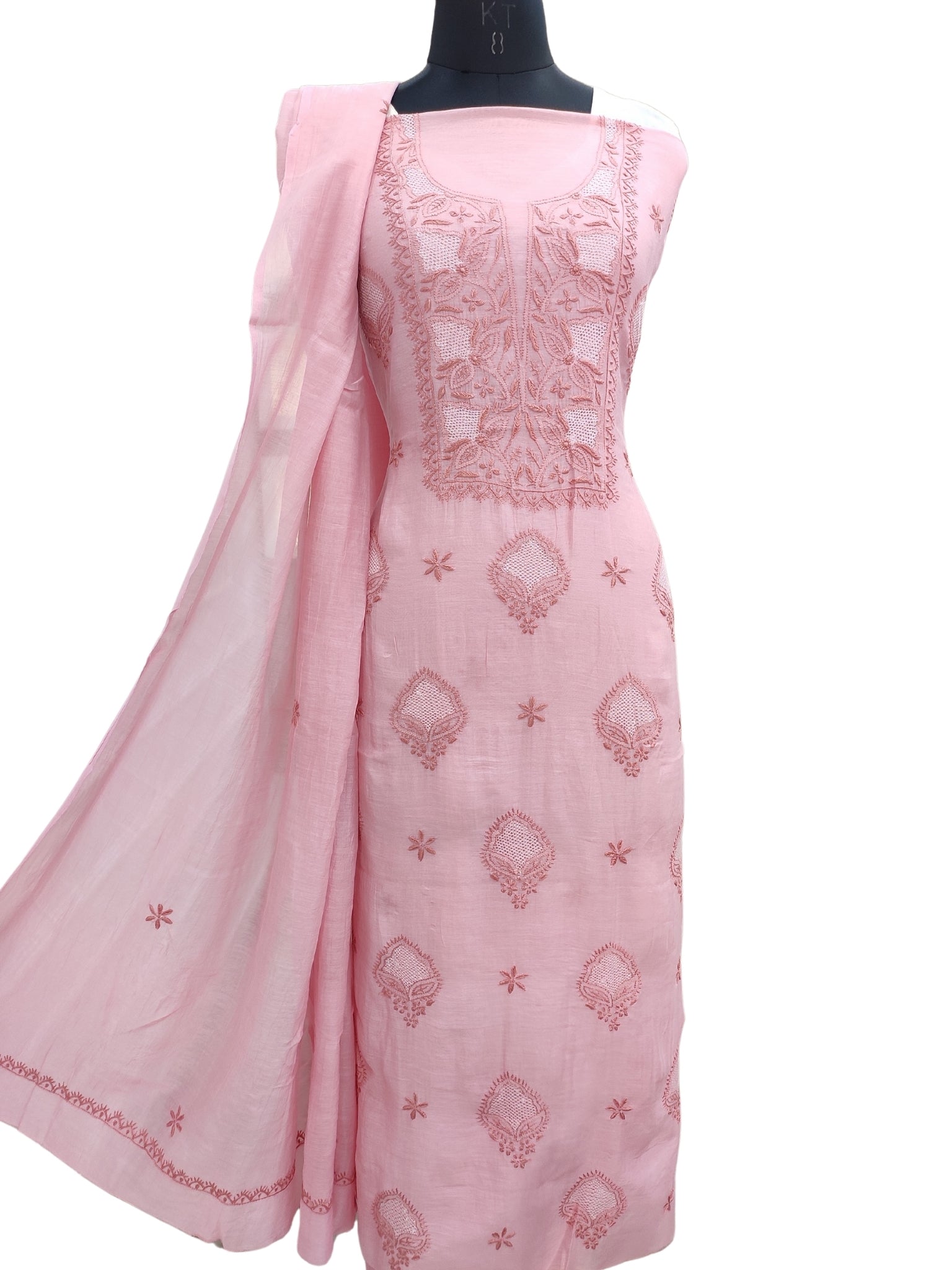 Shyamal Chikan Hand Embroidered Peach Mul Chanderi Lucknowi Chikankari Unstitched Suit Piece With Jaali Work (Kurta Dupatta Set) - S23731