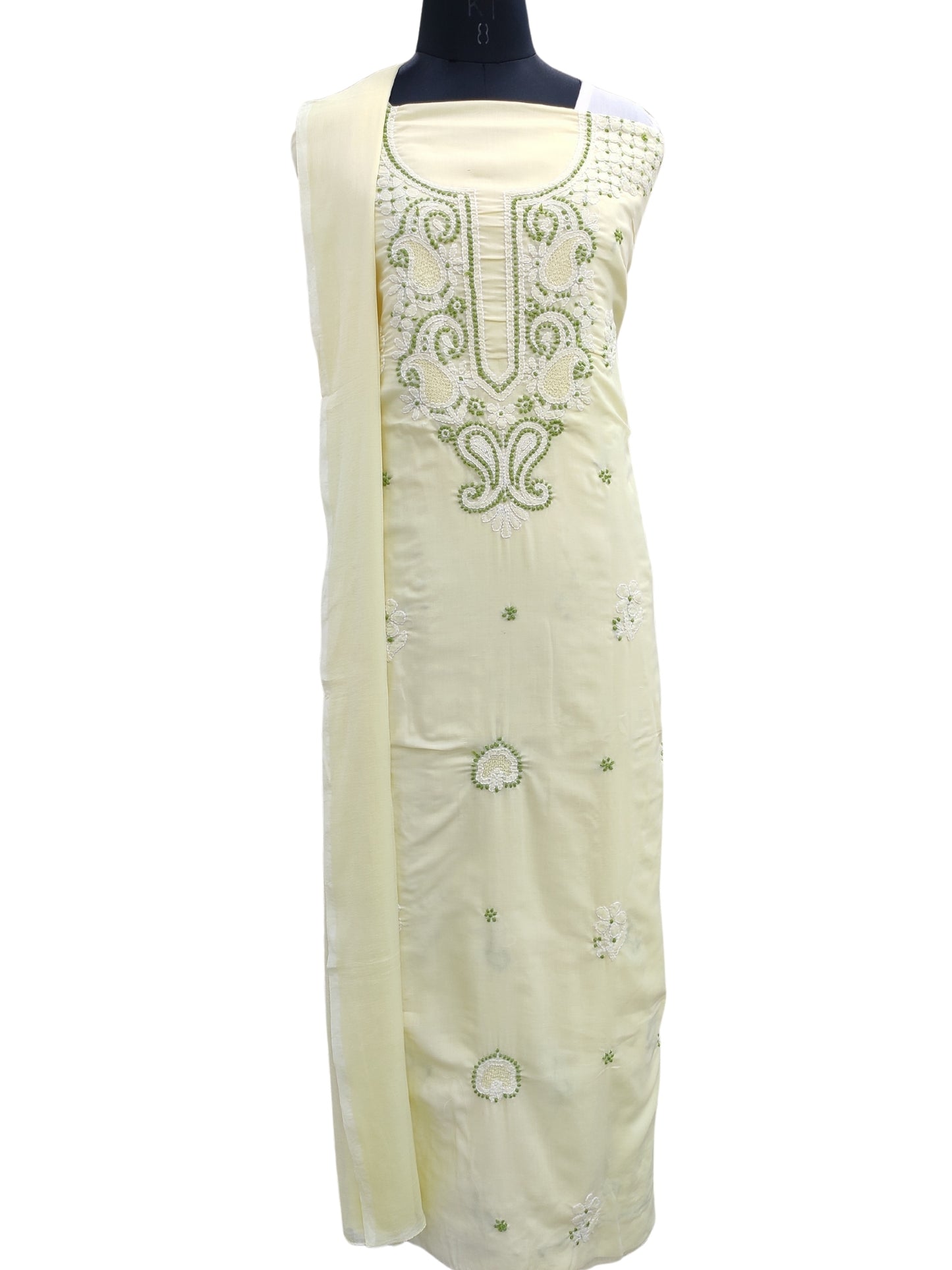 Shyamal Chikan Hand Embroidered Lemon Cotton Lucknowi Chikankari Unstitched Suit Piece With Jaali Work 24151