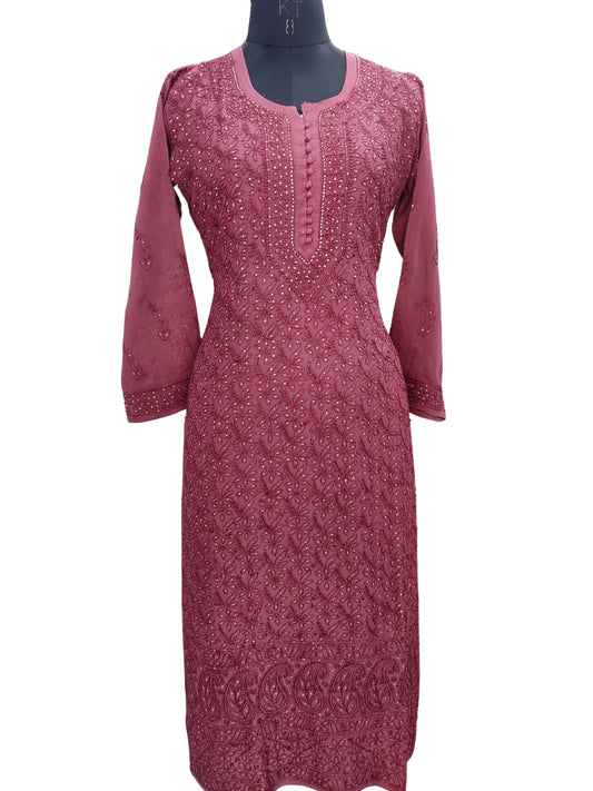 Shyamal Chikan Hand Embroidered Wine Muslin Lucknowi Chikankari Kurti With Mukaish Work - S24238