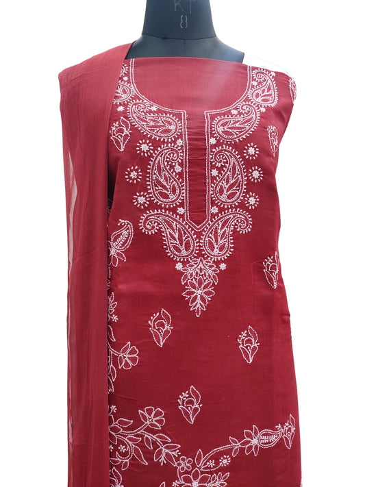 Shyamal Chikan Hand Embroidered Maroon Cotton Lucknowi Chikankari Unstitched Suit Piece - S24763