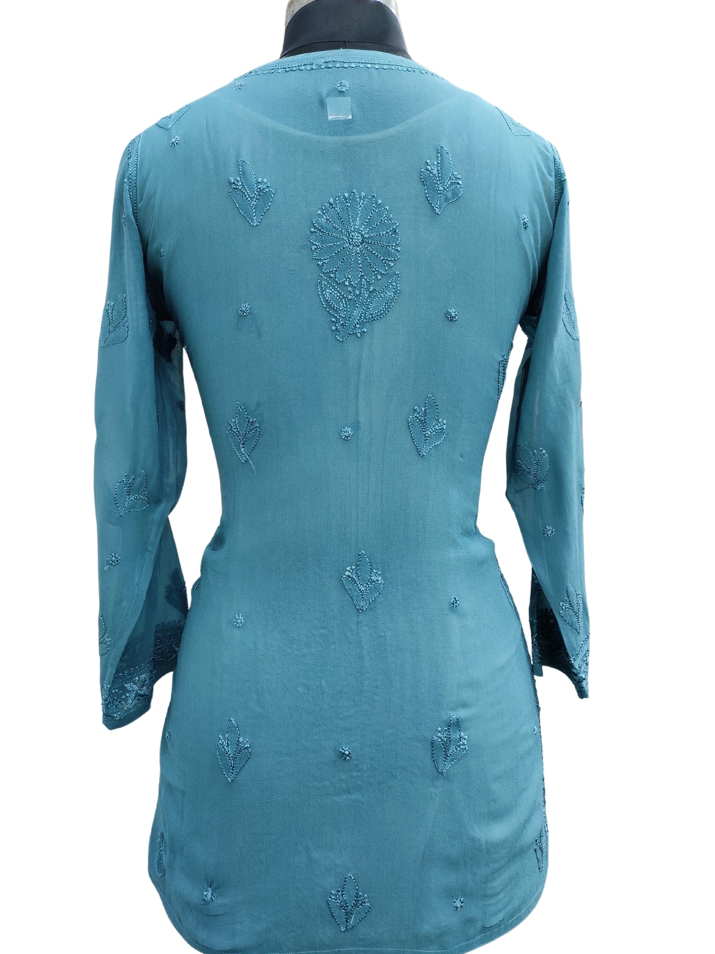 Shyamal Chikan Hand Embroidered Sea Green Viscose Georgette Lucknowi Chikankari Short Top - S25344