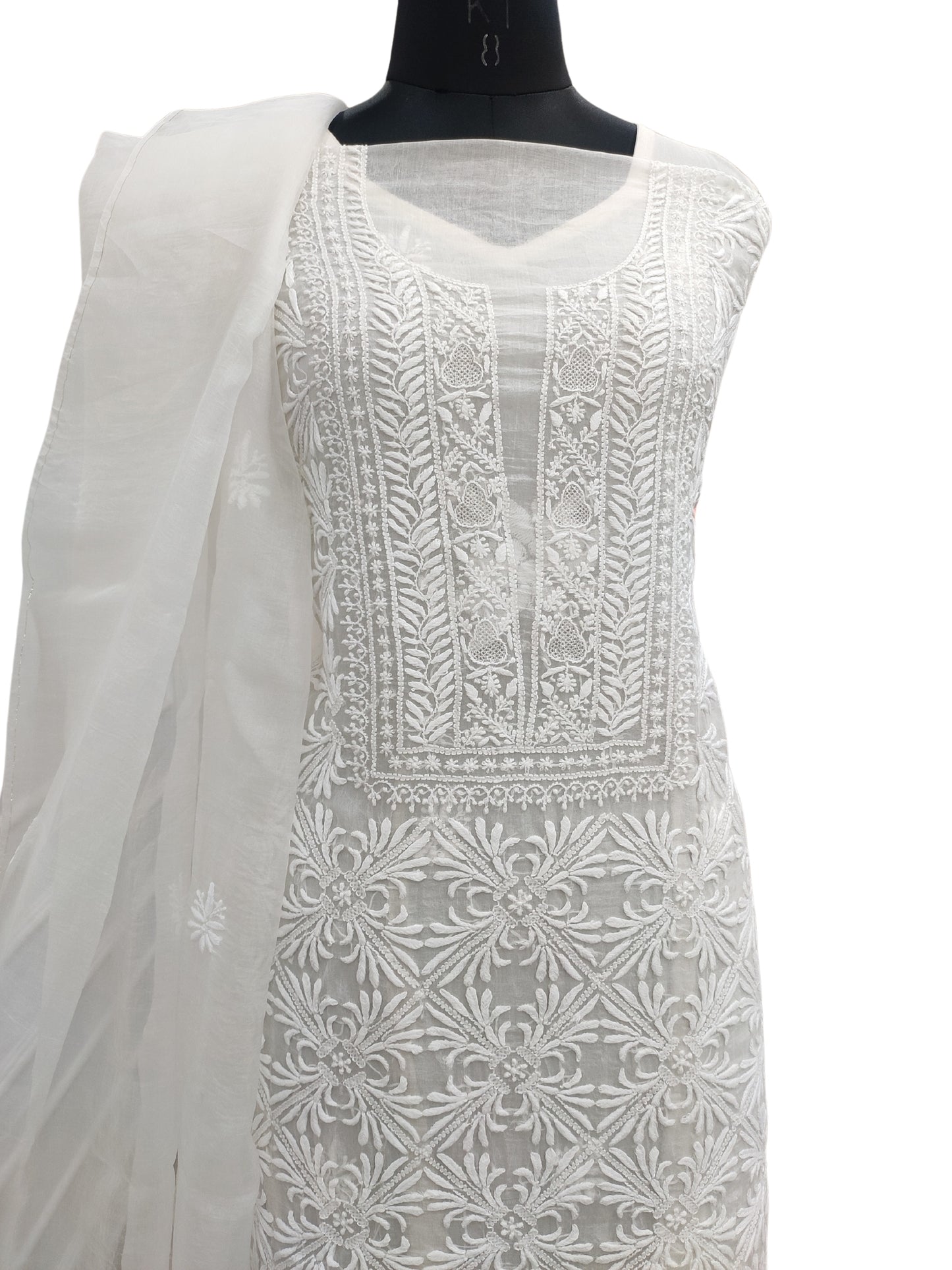 Shyamal Chikan Hand Embroidered White Organza Lucknowi Chikankari Unstitched Suit Piece (Kurta Dupatta Set)  - S24828