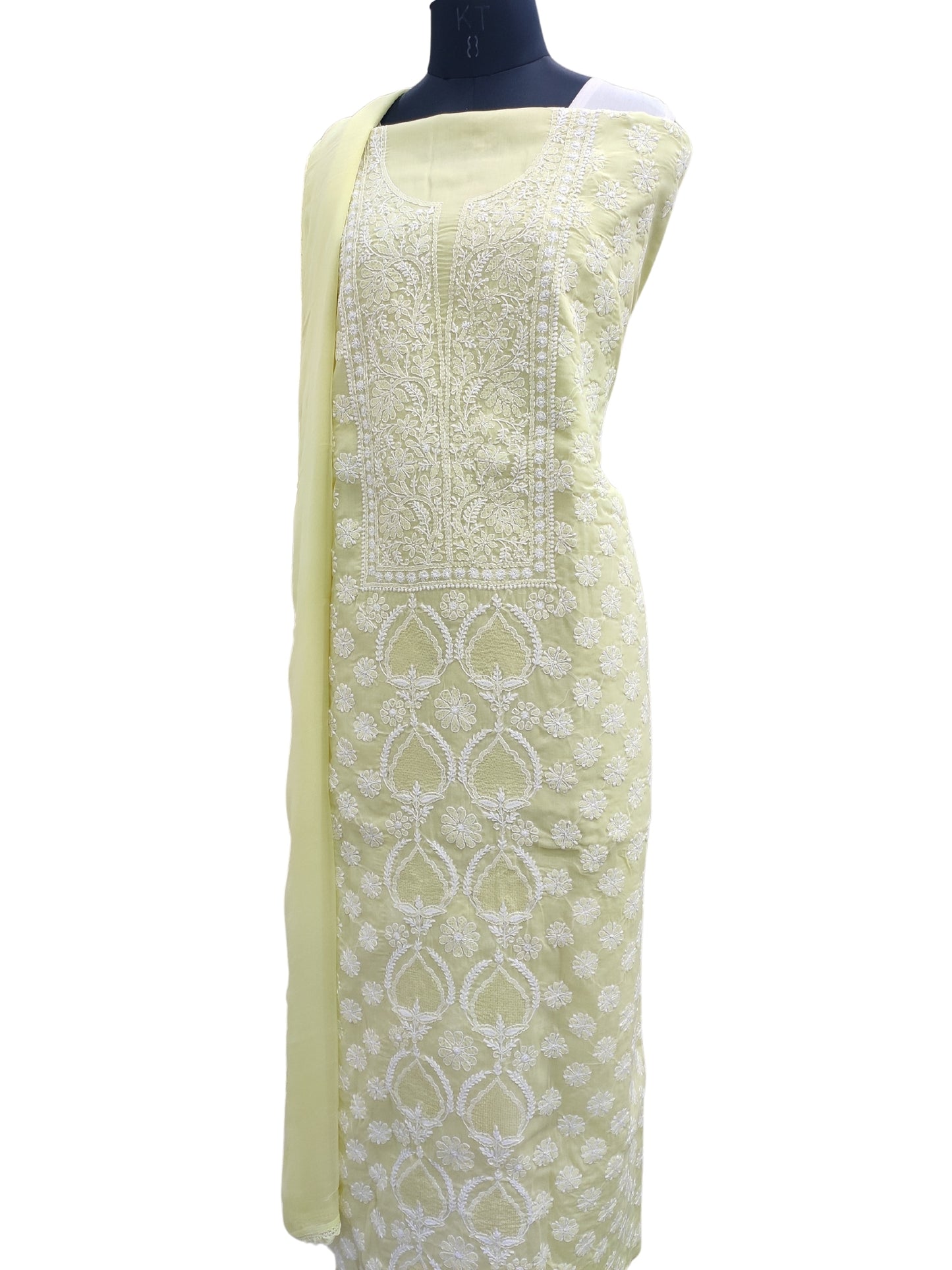 Shyamal Chikan Hand Embroidered Green Cotton Lucknowi Chikankari Unstitched Suit Piece With Jaali Work- S21856