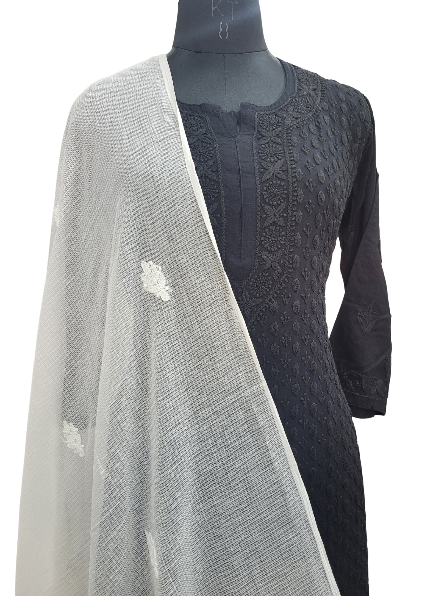 Shyamal Chikan Hand Embroidered White Kota Cotton Lucknowi Chikankari Dupatta - S25136