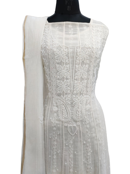 Hand Embroidered White Mul Chanderi Lucknowi Chikankari Unstitched Anarkali (Kurta Dupatta Set) With Pearl Cutdana & Sequin Work- S26728