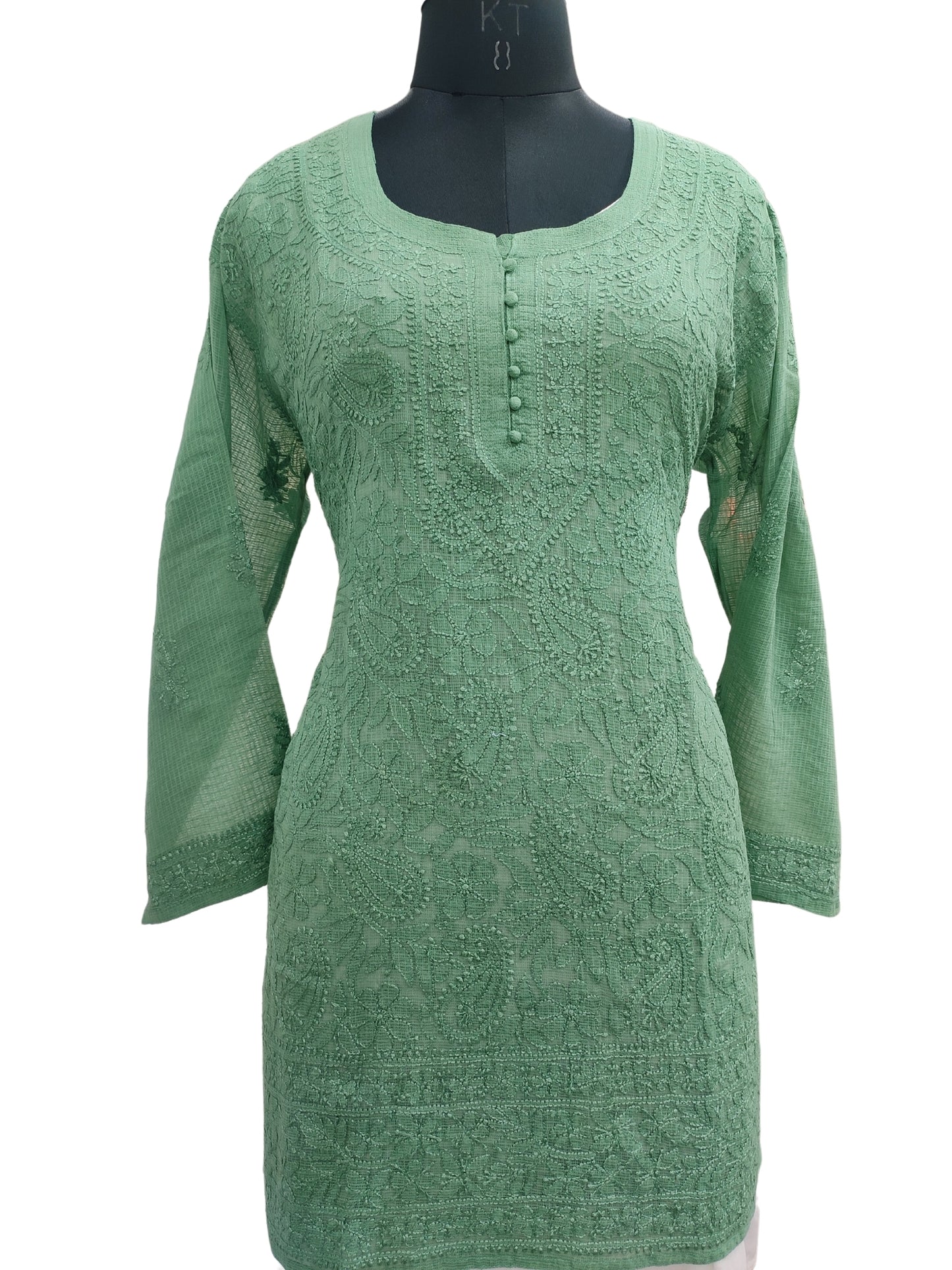 Shyamal Chikan Hand Embroidered Green Kota Doria Lucknowi Chikankari Short Top -23255