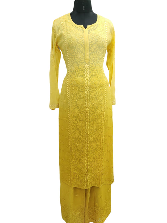 Shyamal Chikan Hand Embroidered Yellow Viscose Georgette Lucknowi Chikankari Kurta and Bottom Set - 23677