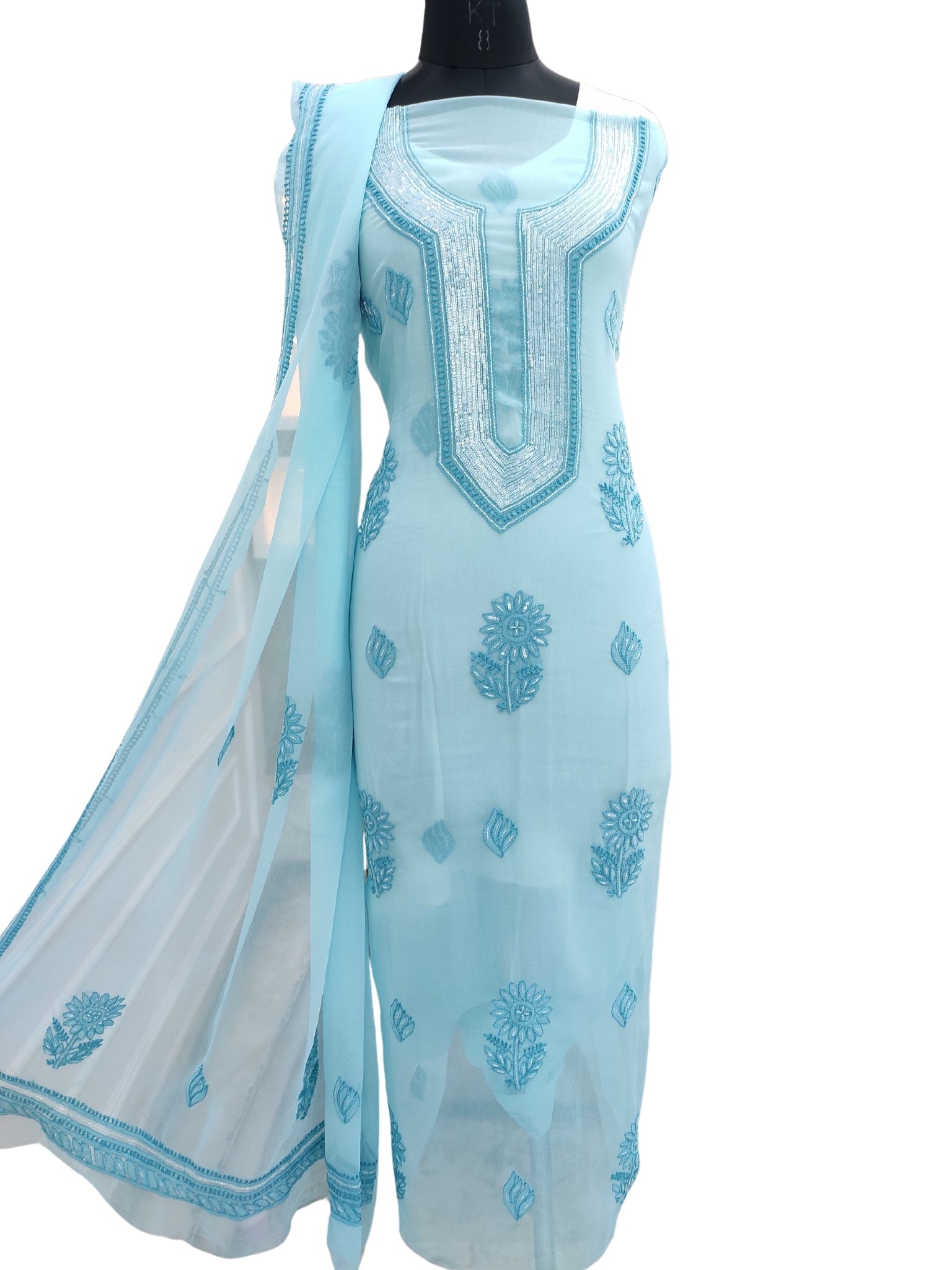 Shyamal Chikan Hand Embroidered Blue Georgette Lucknowi Chikankari Unstitched Suit Piece With Cutdana & Sequin Work - S24373