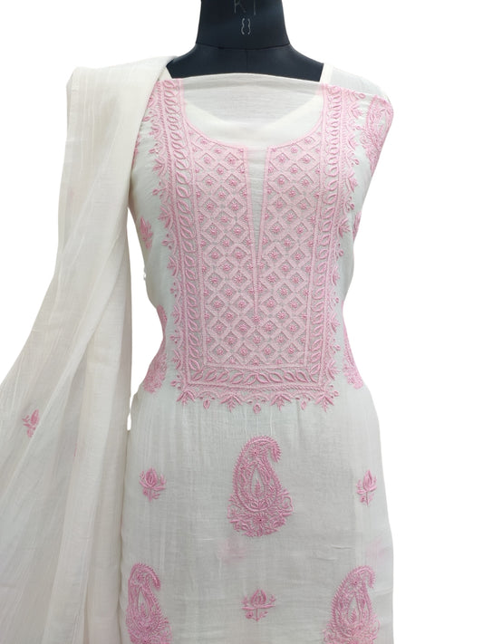 Shyamal Chikan Hand Embroidered White Mul Chanderi Lucknowi Chikankari Unstitched Suit Piece (Kurta Dupatta Set) - 23690