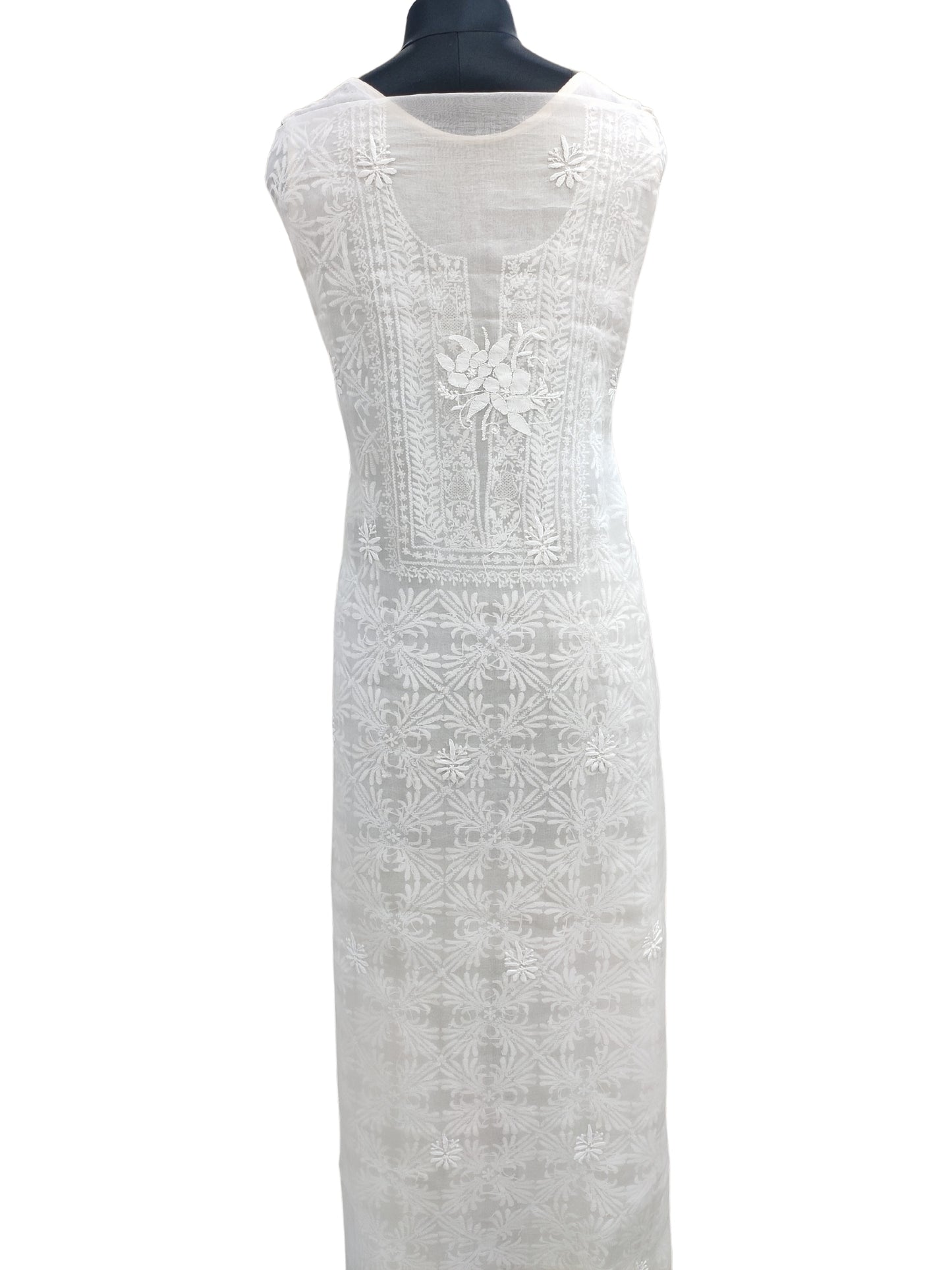 Shyamal Chikan Hand Embroidered White Organza Lucknowi Chikankari Unstitched Suit Piece (Kurta Dupatta Set)  - S24828