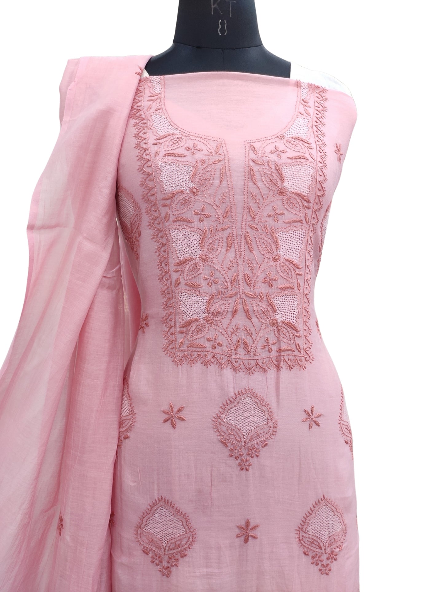 Shyamal Chikan Hand Embroidered Peach Mul Chanderi Lucknowi Chikankari Unstitched Suit Piece With Jaali Work (Kurta Dupatta Set) - S23731