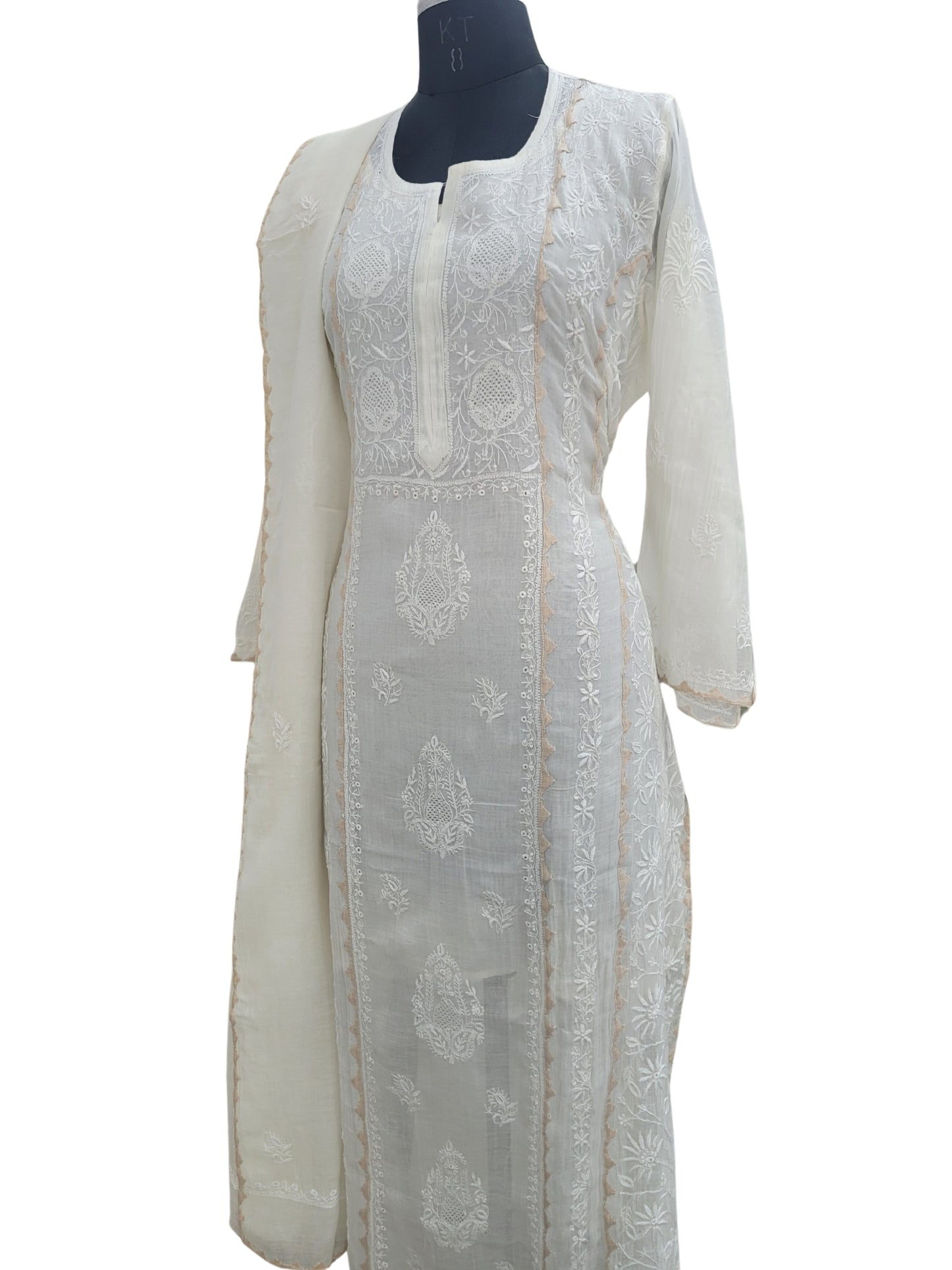 Shyamal Chikan Hand Embroidered White Mul Chanderi Lucknowi Chikankari semi stitched Suit Piece With Daraz Work (Kurta Dupatta Set) - S25084