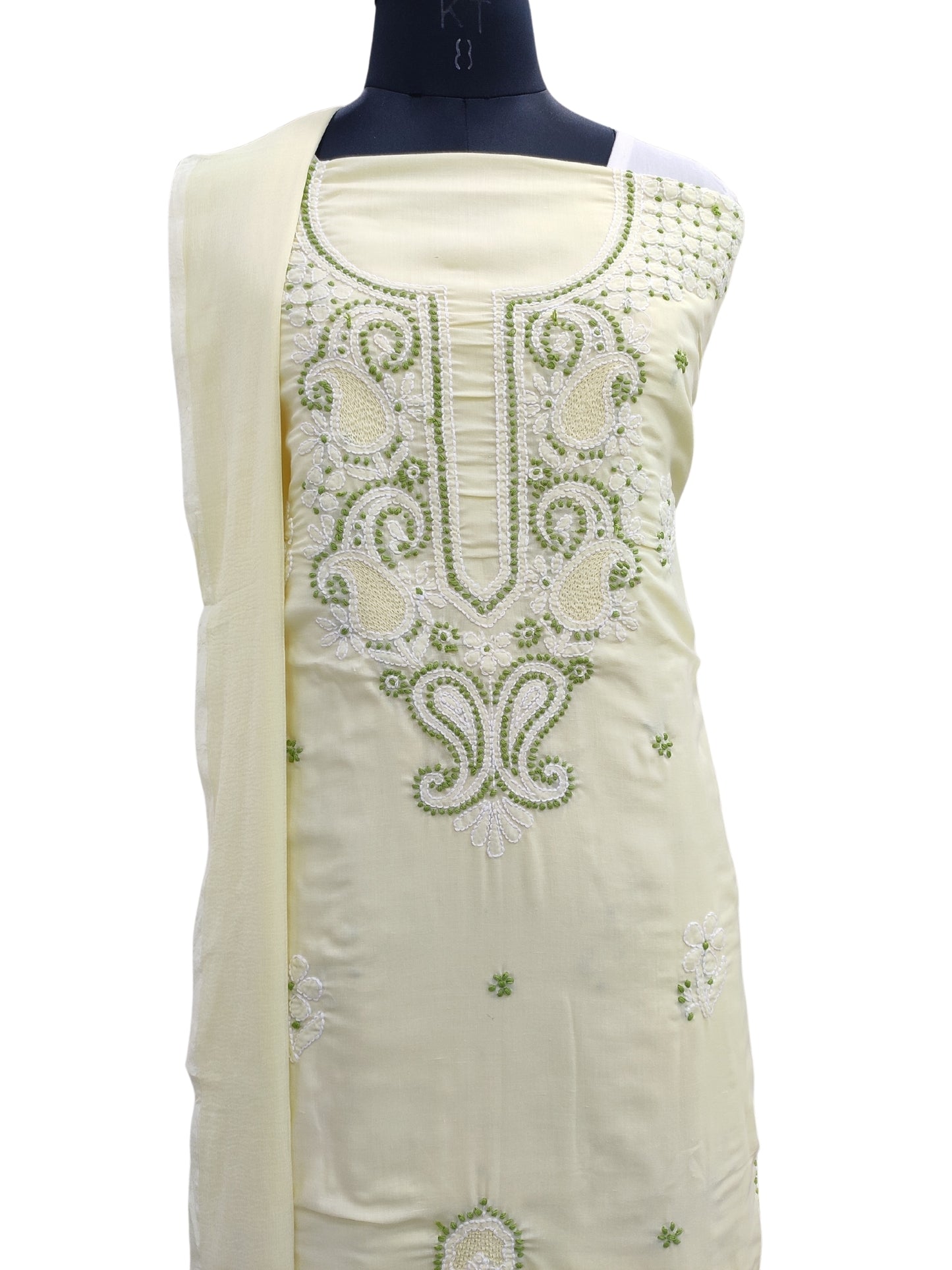 Shyamal Chikan Hand Embroidered Lemon Cotton Lucknowi Chikankari Unstitched Suit Piece With Jaali Work - S24151