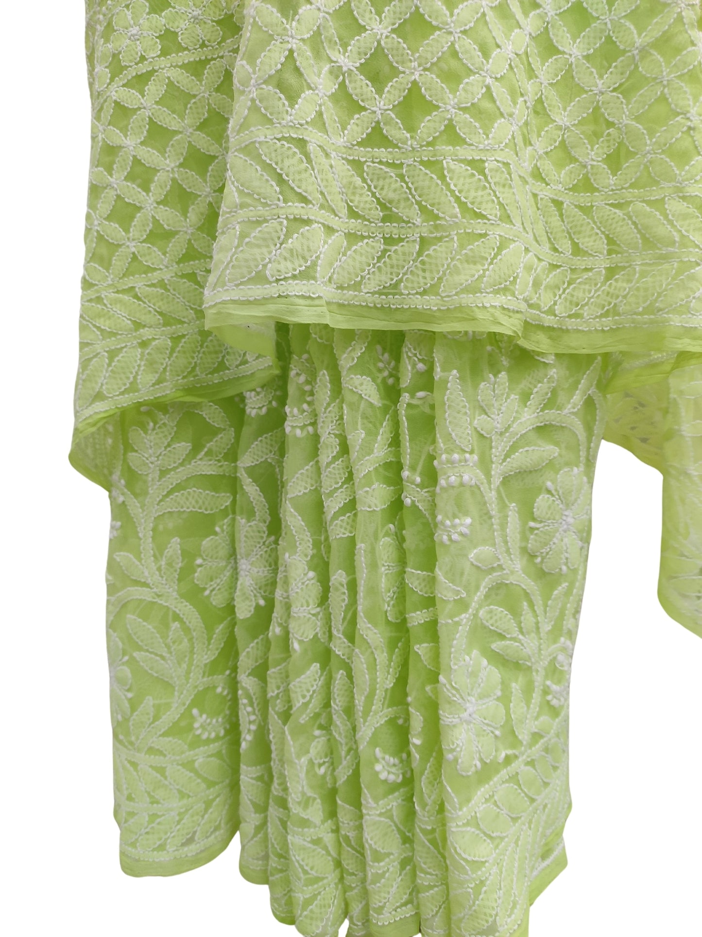 Shyamal Chikan Hand Embroidered Green Georgette Lucknowi Chikankari Full Jaal Saree With Blouse Piece - 23993