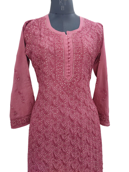 Shyamal Chikan Hand Embroidered Wine Muslin Lucknowi Chikankari Kurti With Mukaish Work - S24238