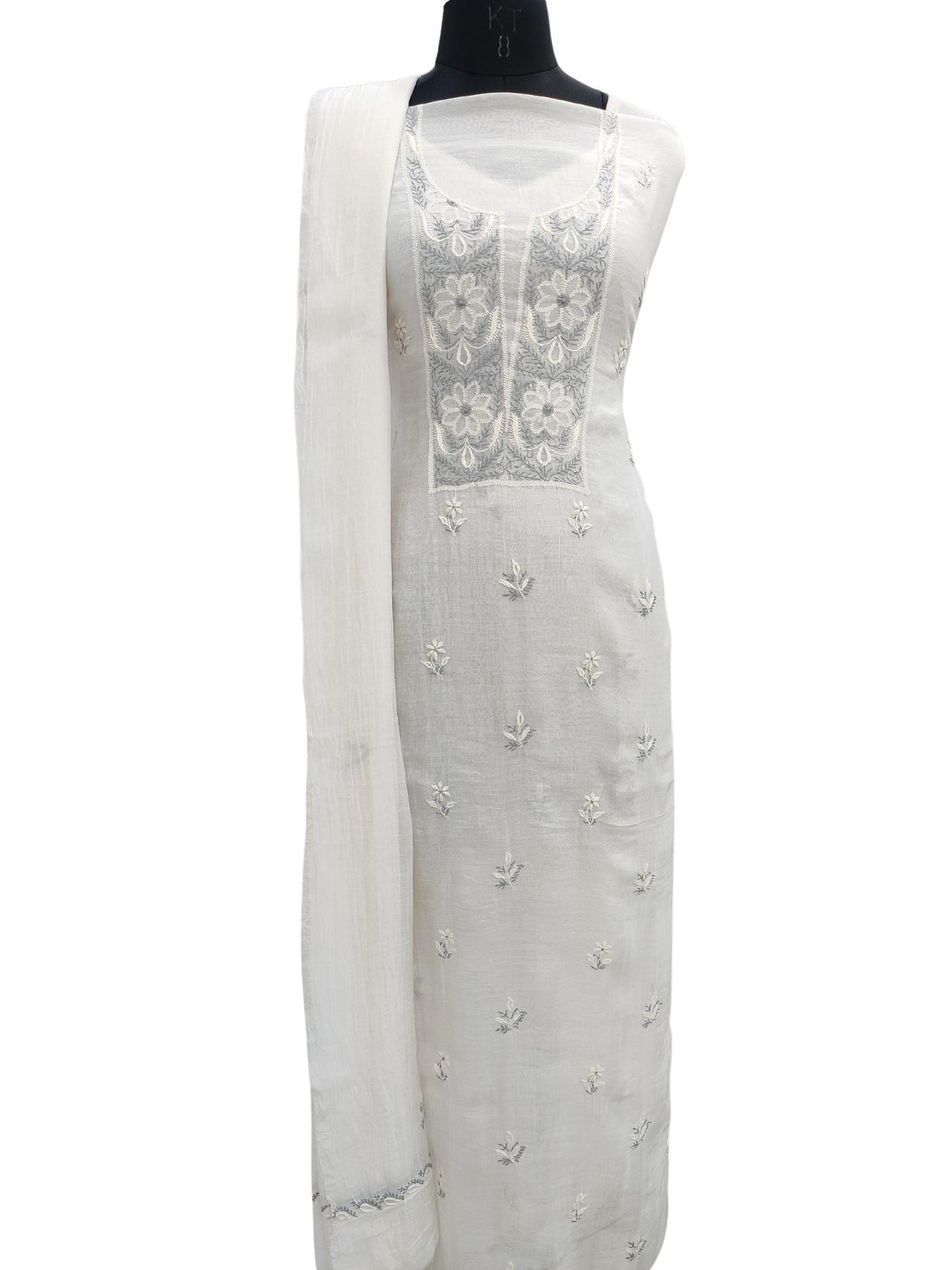 Shyamal Chikan Hand Embroidered White Mul Chanderi Lucknowi Chikankari Unstitched Embellised Suit Piece (Kurta Dupatta Set) - S20962