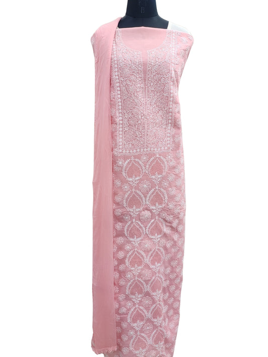 Shyamal Chikan Hand Embroidered Peach Cotton Lucknowi Chikankari Unstitched Suit Piece With Jaali Work- S21854