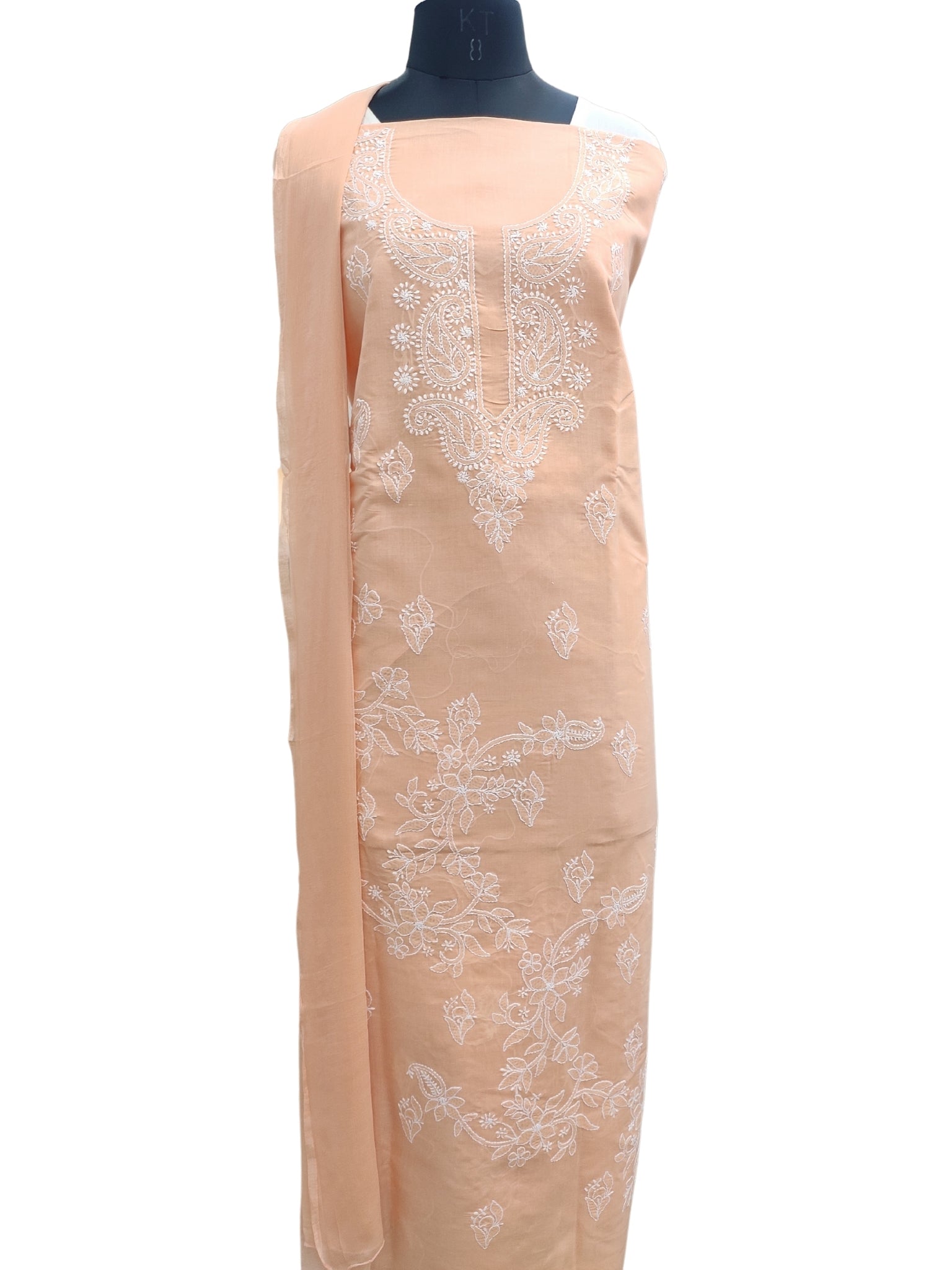 Shyamal Chikan Hand Embroidered Peach  Cotton Lucknowi Chikankari Unstitched Suit Piece - S24767