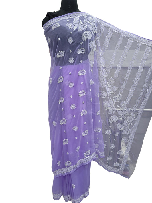 Shyamal Chikan Hand Embroidered Purple Georgette Lucknowi Chikankari Saree With Blouse Piece - S24978