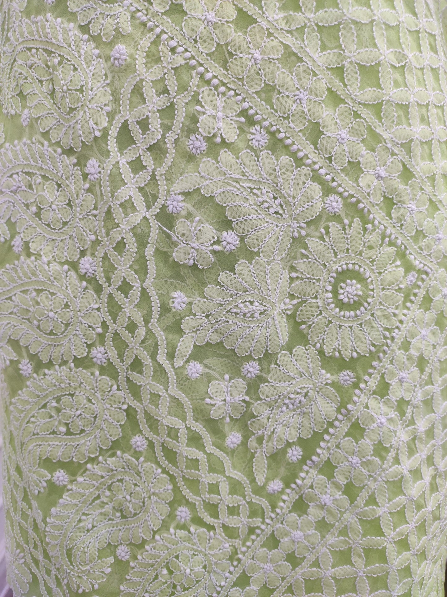 Shyamal Chikan Hand Embroidered Green Georgette Lucknowi Chikankari Full Jaal Saree With Blouse Piece - 23993