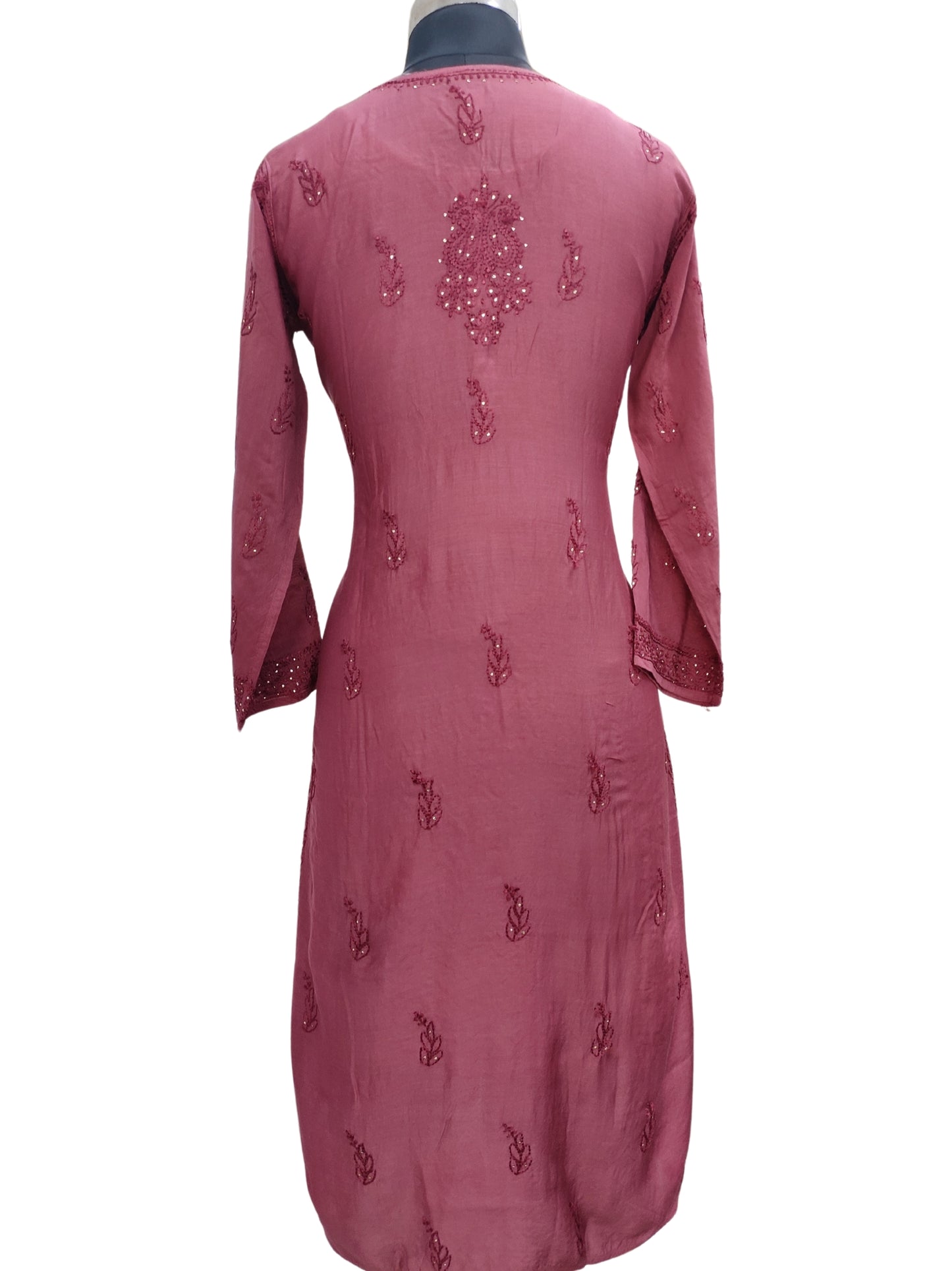 Shyamal Chikan Hand Embroidered Wine Muslin Lucknowi Chikankari Kurti With Mukaish Work - S24238