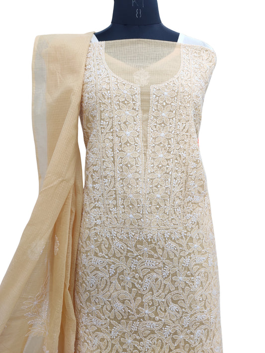 Shyamal Chikan Hand Embroidered Beige Kota Cotton Lucknowi Chikankari Unstitched Suit Piece ( Kurta Dupatta Set ) - S22982