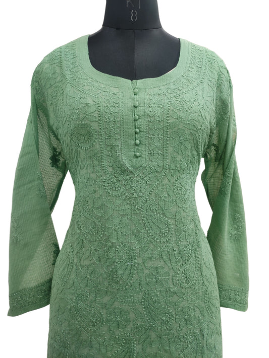 Shyamal Chikan Hand Embroidered Green Kota Doria Lucknowi Chikankari Short Top -23255