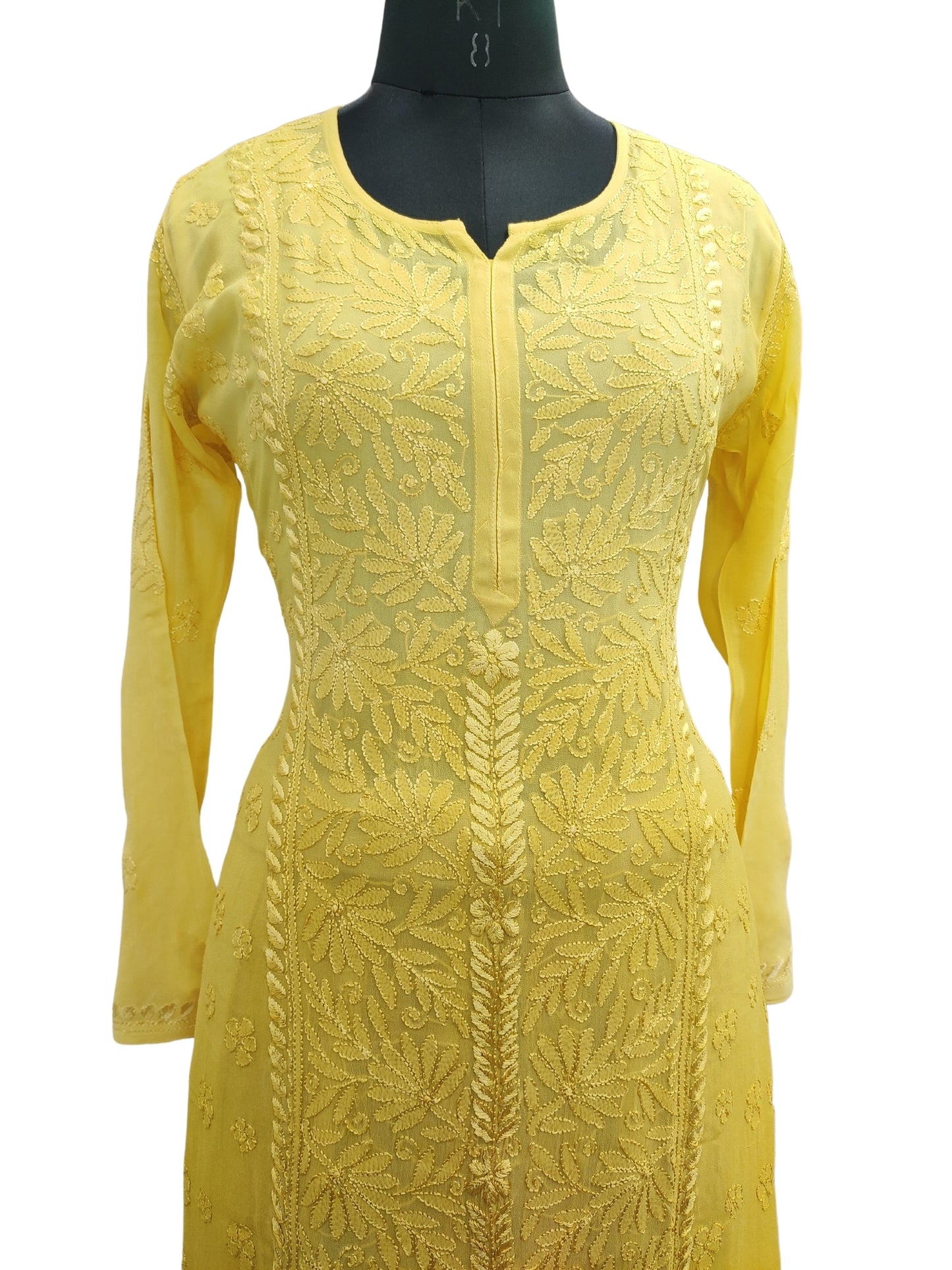 Shyamal Chikan Hand Embroidered Yellow Viscose Georgette Lucknowi Chikankari Kurta and Bottom Set - 23677