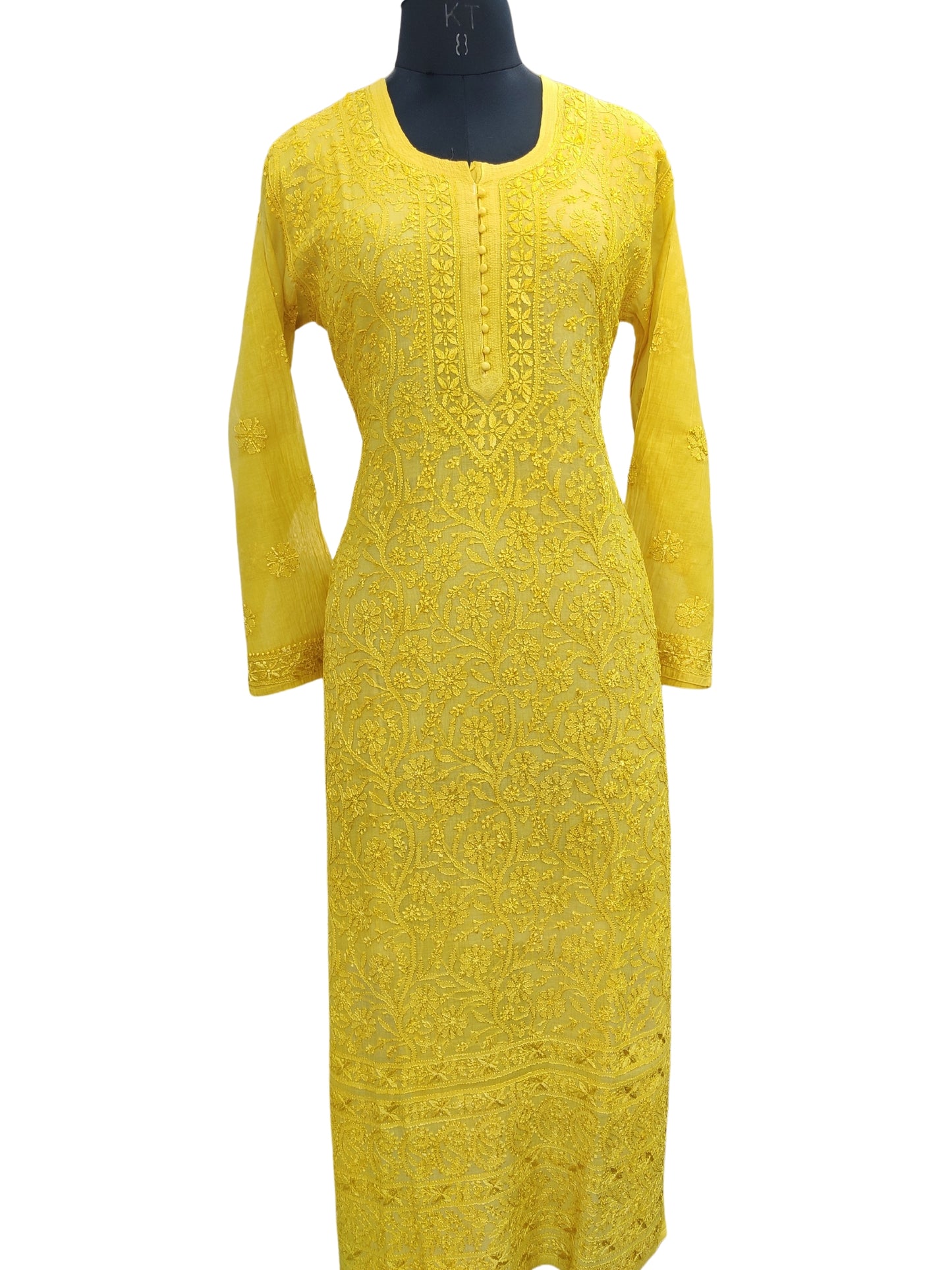 Shyamal Chikan Hand Embroidered Greenish Yellow Mul Chanderi Lucknowi Chikankari Kurti - S23914