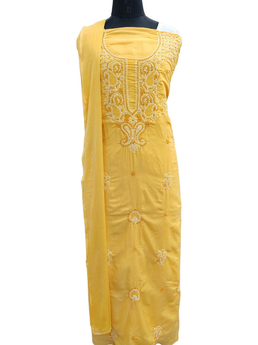 Shyamal Chikan Hand Embroidered Yellow Cotton Lucknowi Chikankari Unstitched Suit Piece With Jaali Work 24147