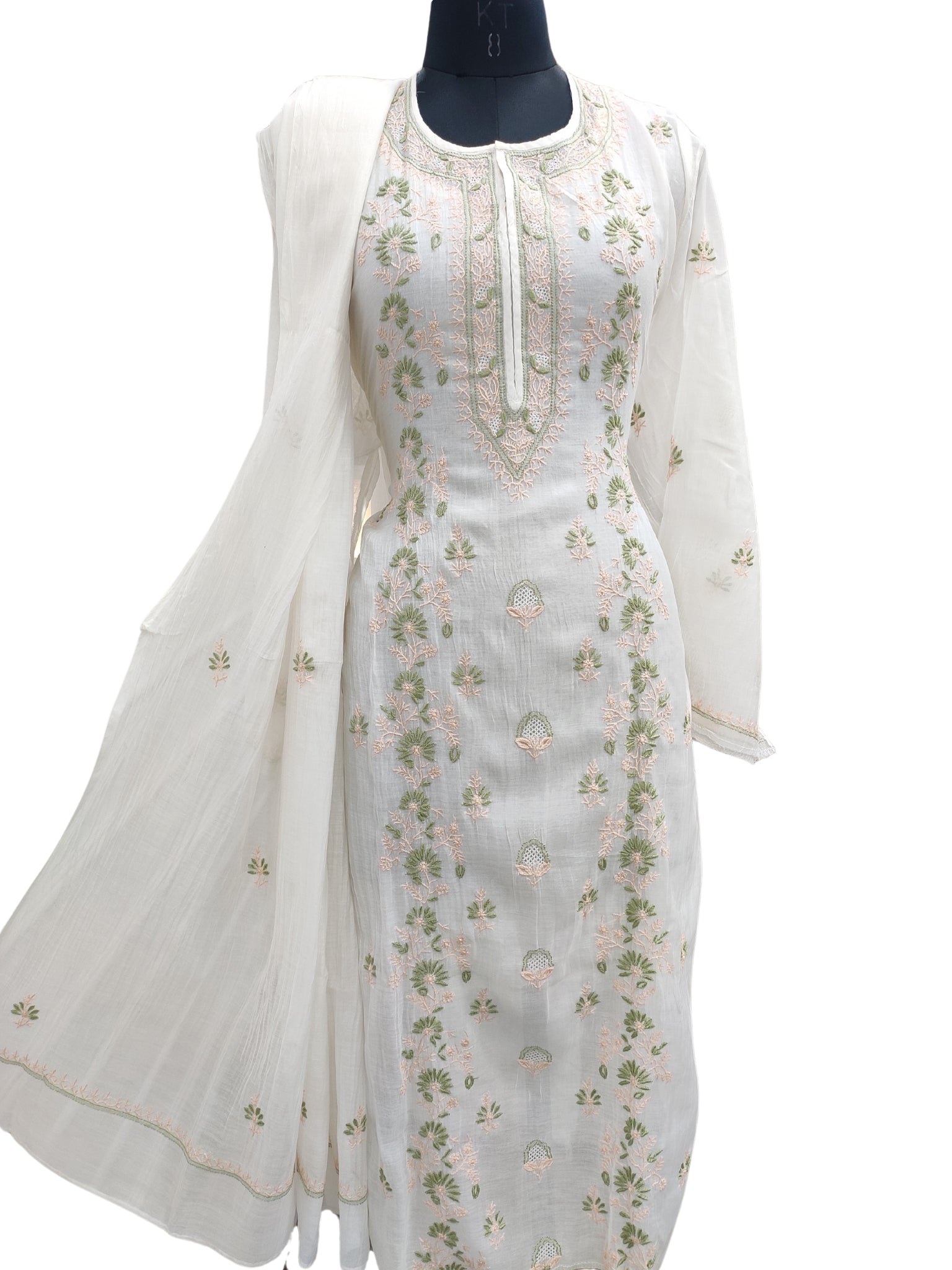 Shyamal Chikan Hand Embroidered White Mul Chanderi Lucknowi Chikankari semi stitched Suit Piece (Kurta Dupatta Set) - S25118