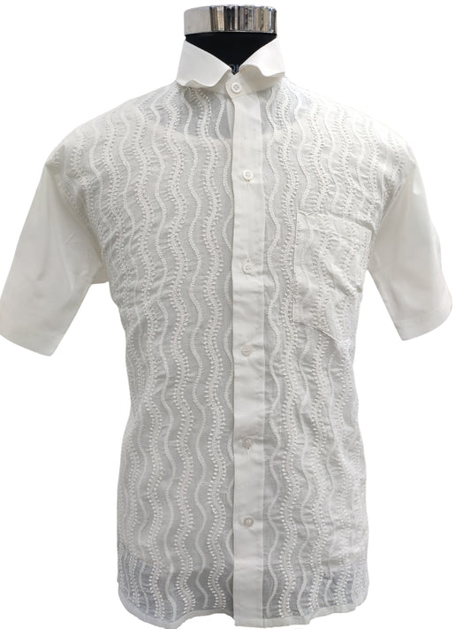 Shyamal Chikan Hand Embroidered White Cotton Lucknowi Chikankari Men's Shirt – S23303