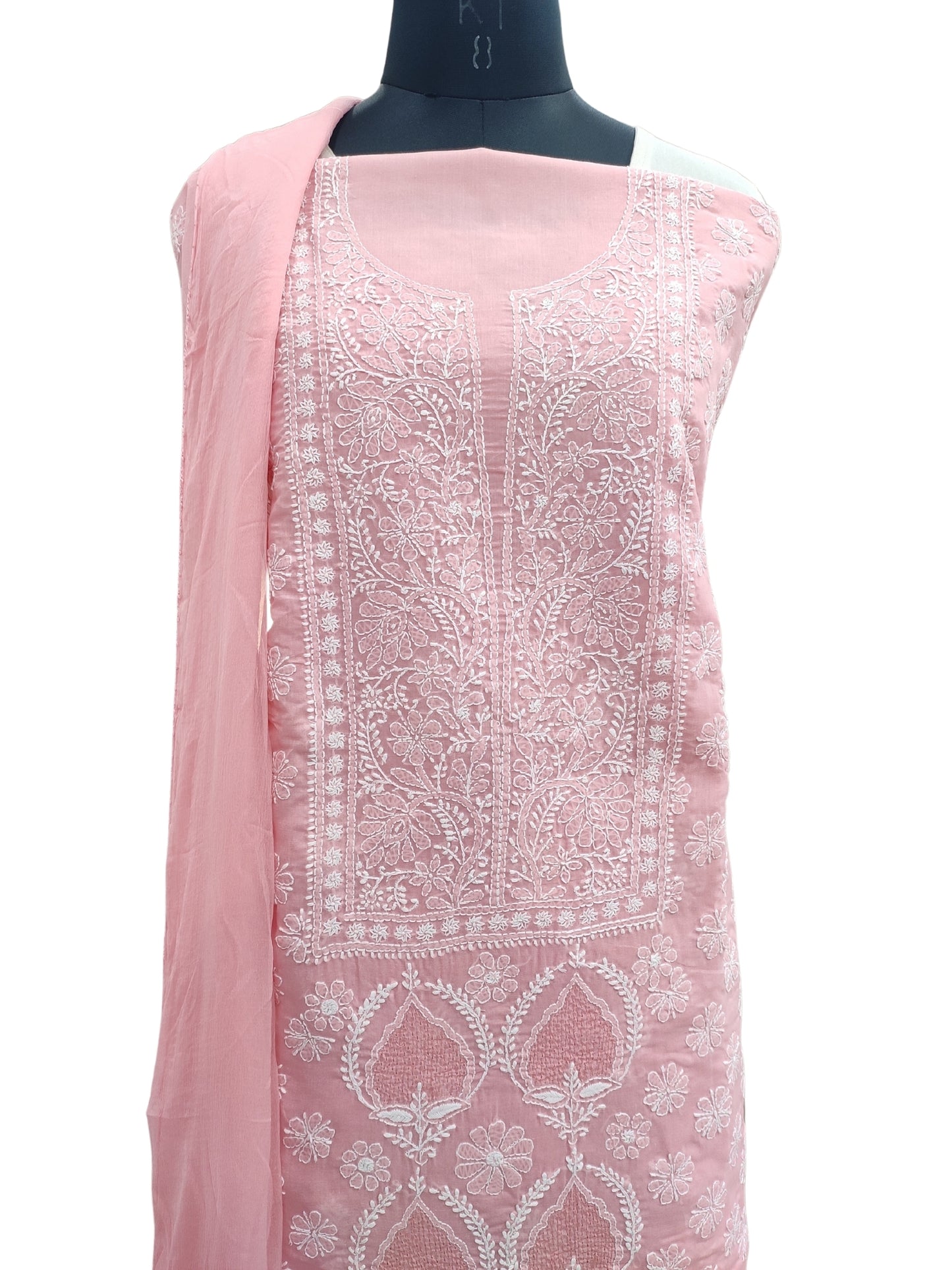 Shyamal Chikan Hand Embroidered Peach Cotton Lucknowi Chikankari Unstitched Suit Piece With Jaali Work- S21854