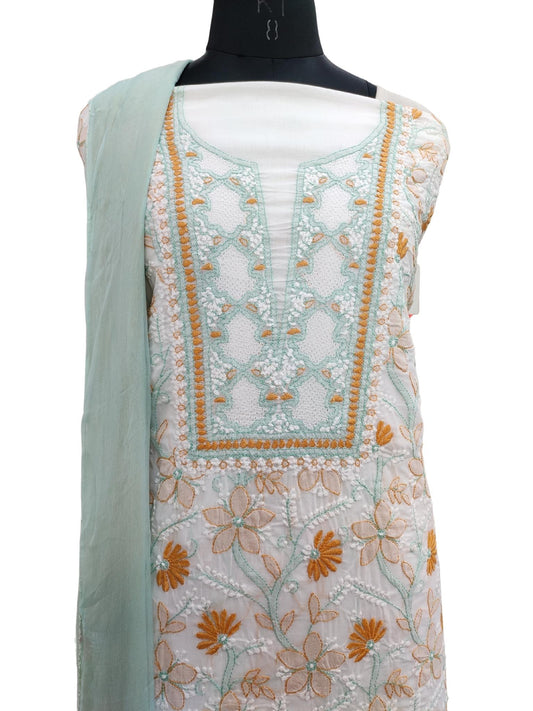 Shyamal Chikan Hand Embroidered White Pure Cotton Lucknowi Chikankari Unstitched Suit Piece - S20805