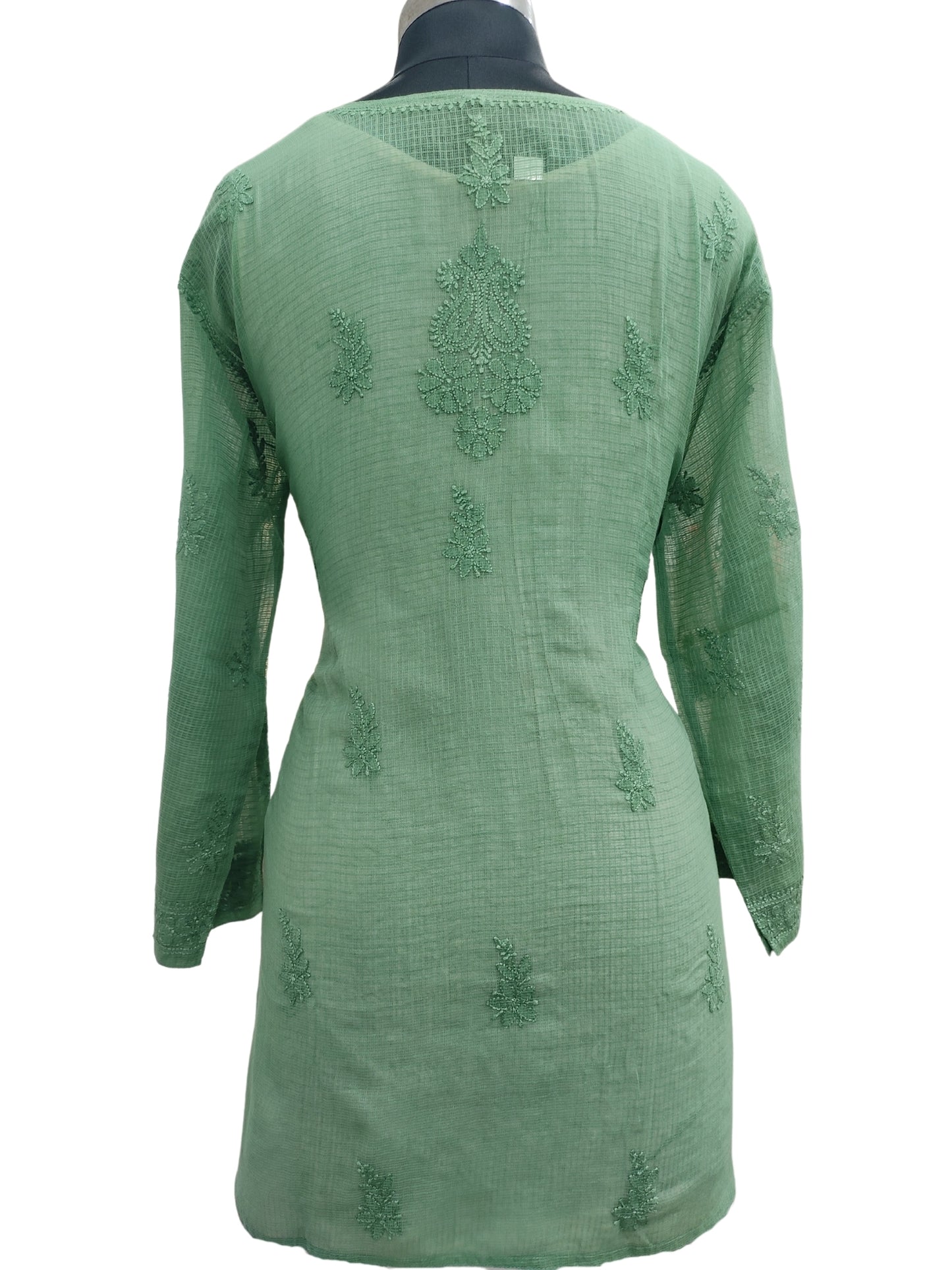 Shyamal Chikan Hand Embroidered Green Kota Doria Lucknowi Chikankari Short Top -23255