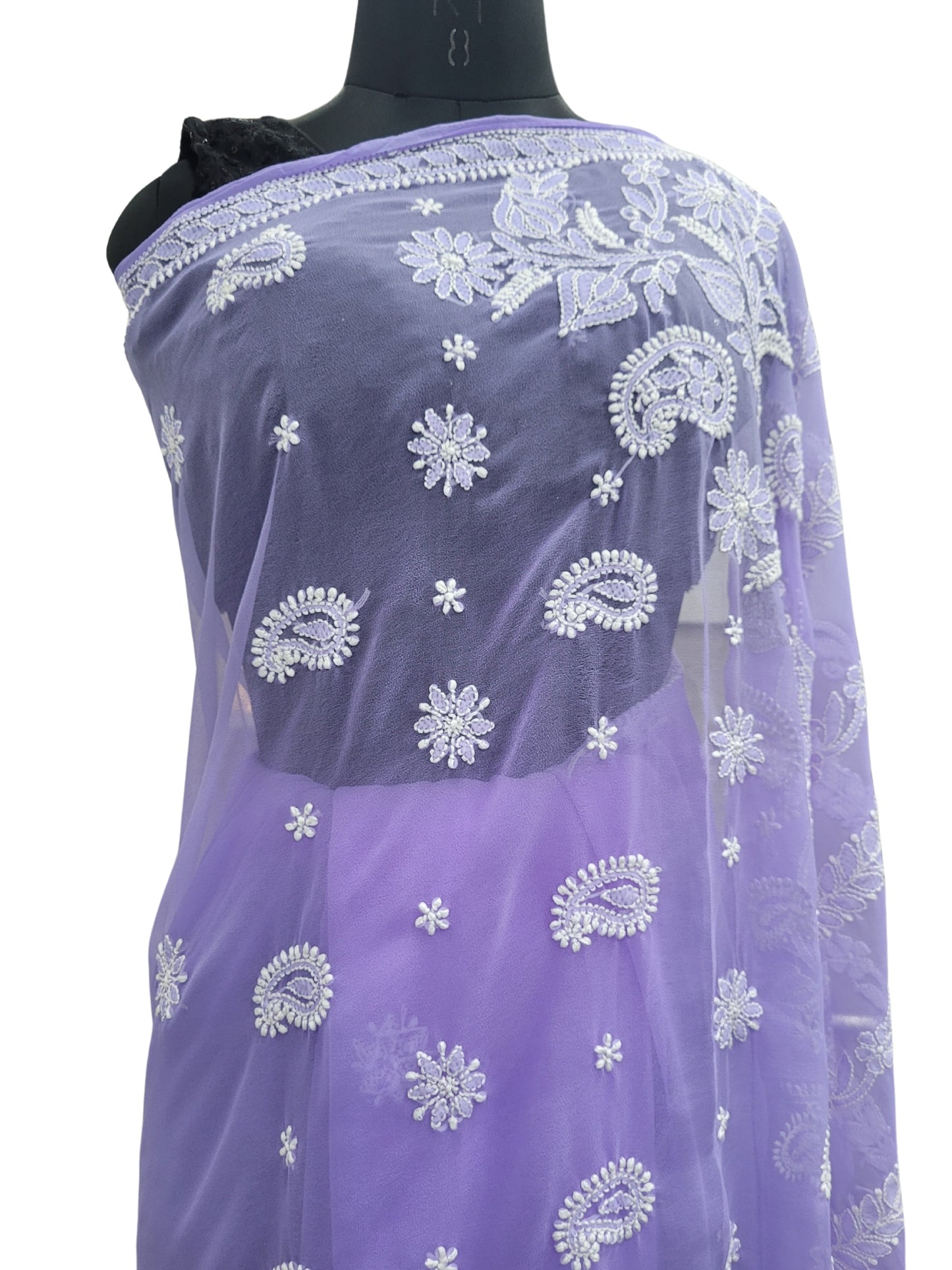 Shyamal Chikan Hand Embroidered Purple Georgette Lucknowi Chikankari Saree With Blouse Piece - S24978