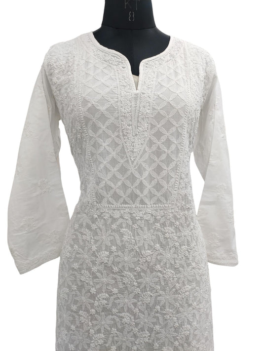 Shyamal Chikan Hand Embroidered White Pure Cotton Lucknowi Chikankari Kurti- S18807