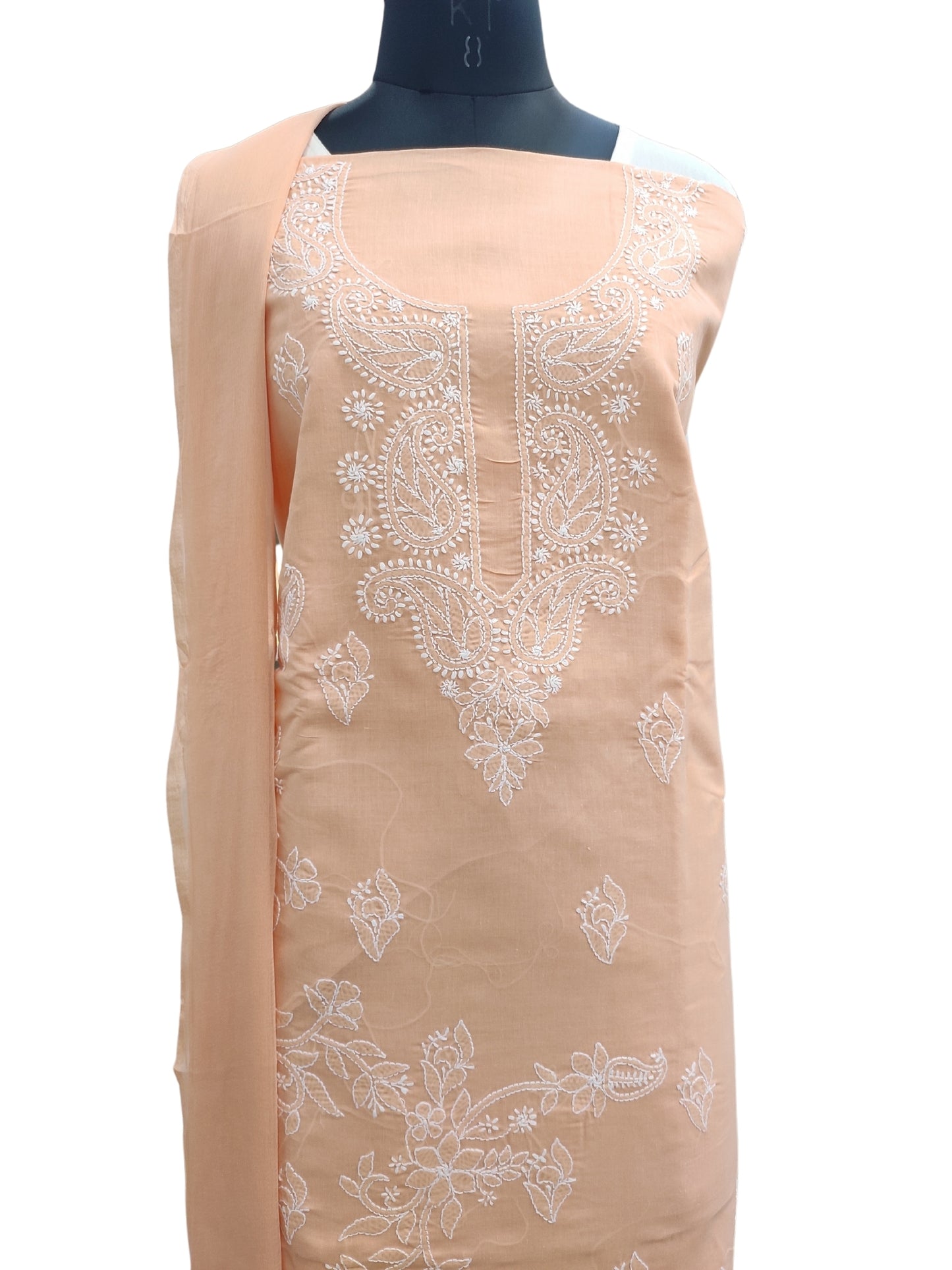 Shyamal Chikan Hand Embroidered Peach  Cotton Lucknowi Chikankari Unstitched Suit Piece - S24767